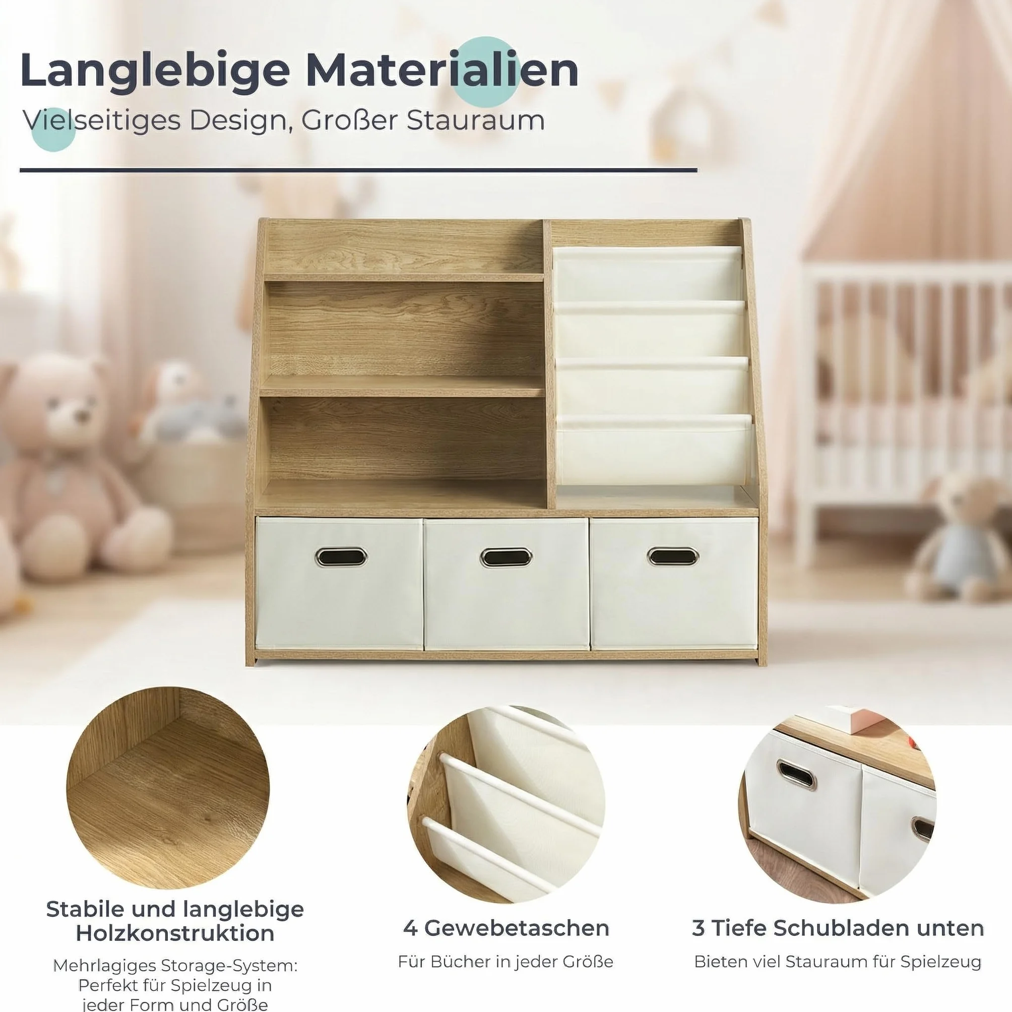 Estantería para niños con Almacenamiento – Montessori – Estantería de Madera para Juguetes de 4 Niveles con 3 cajones y 4 Cajas de Tela | Organizador para habitación Infantil y Sala de Juegos