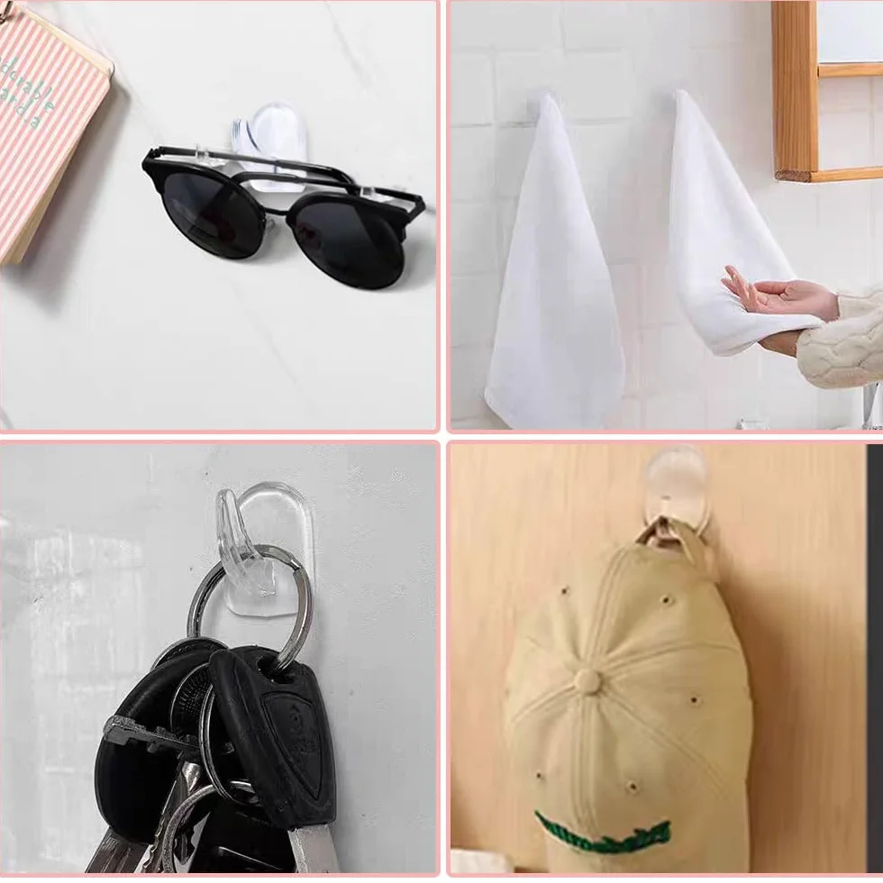 Sufune 10 Adhesive Wall Hooks Transparent Reusable Seamless Hooks for Kitchen