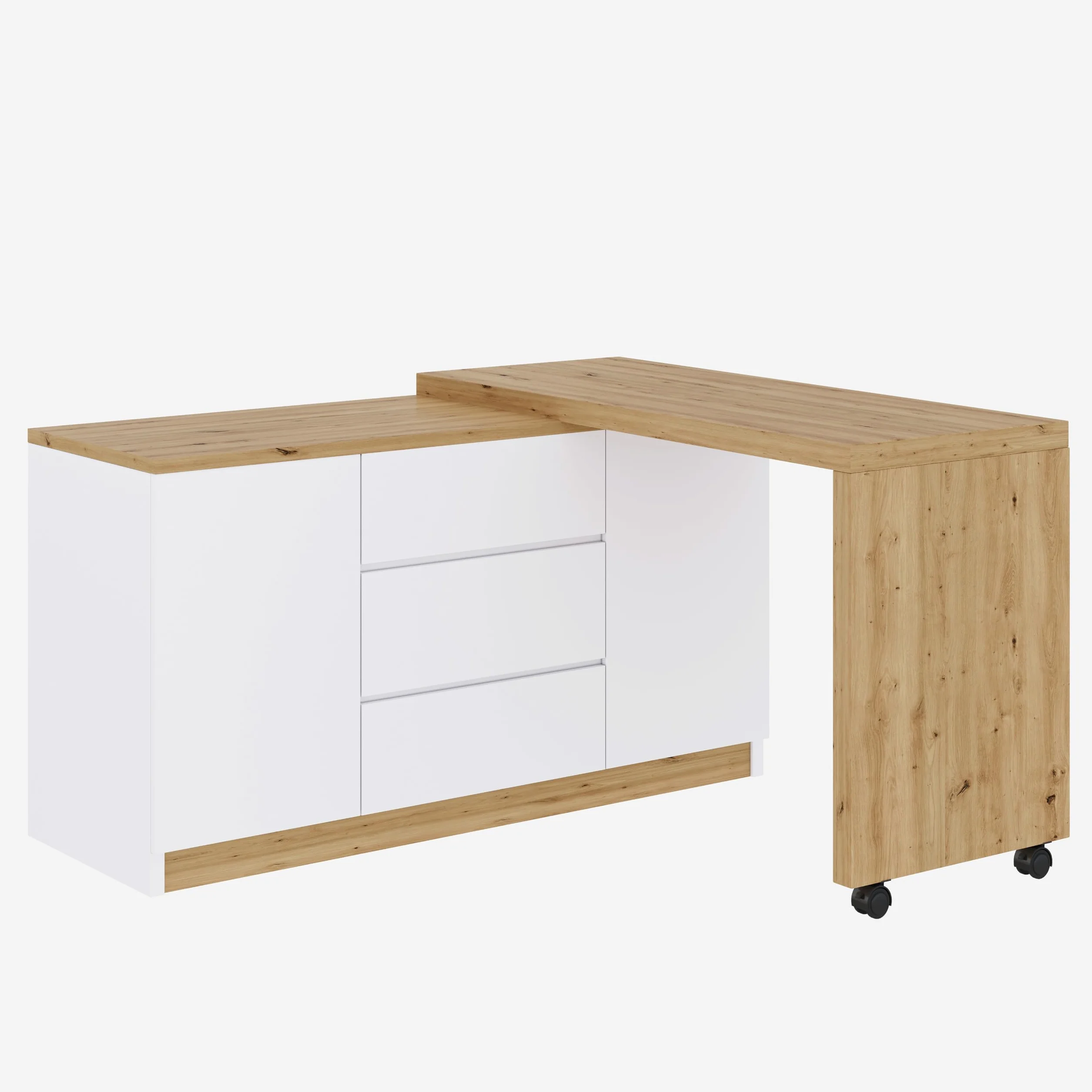 Lexiou Escritorio con ruedas con bloqueo, diseño multifuncional, 4 cm más grueso, mesa giratoria con bloqueo fijo, escritorio plegable, escritorio de esquina, aparador (roble + blanco)