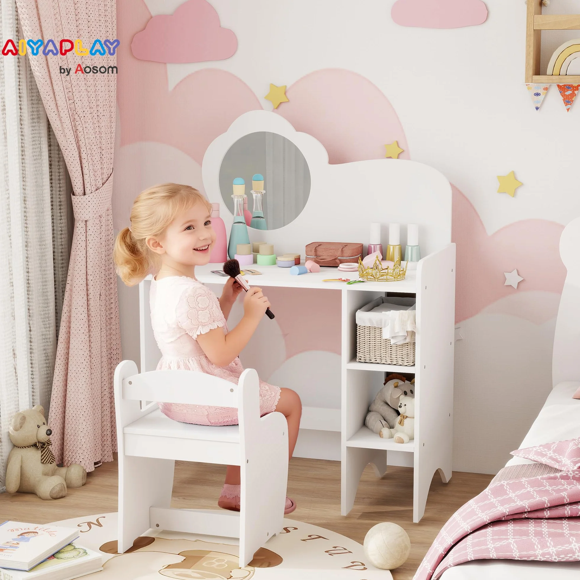 AIYAPLAY Tocador de Maquillaje Niña 2 en 1 Escritorio con Taburete Espejo Flor Estantes Abiertos Blanco