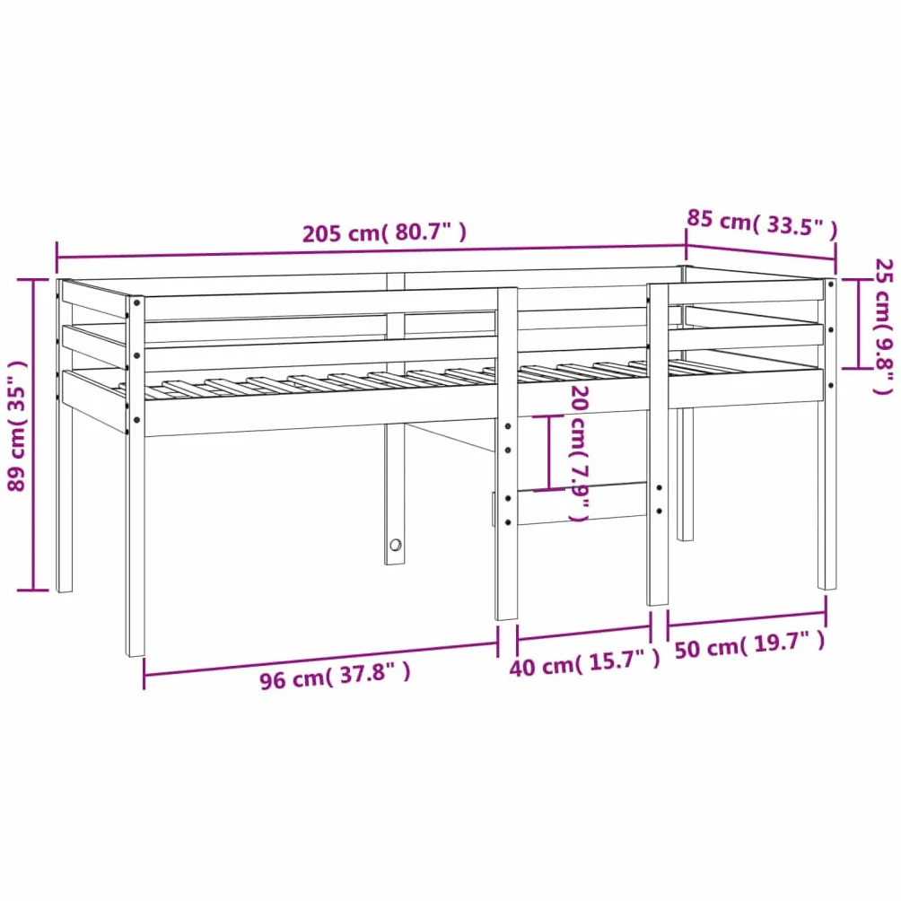 Cama alta marrón cera 80 x 200 cm madera maciza de pino, estructura de cama robusta para niños y jóvenes, mueble para dormitorio, diseño seguro con escalera