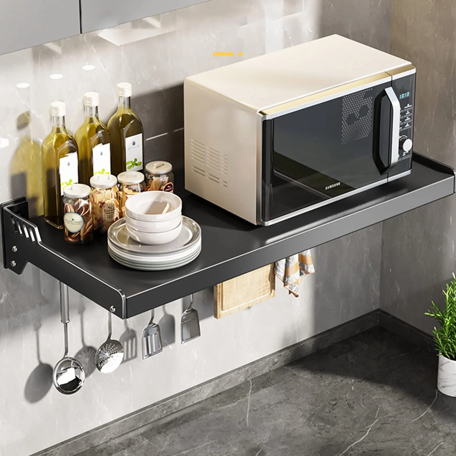 Estante para horno microondas montado en la pared, estante que ahorra espacio para horno eléctrico y microondas | Solución de almacenamiento conveniente