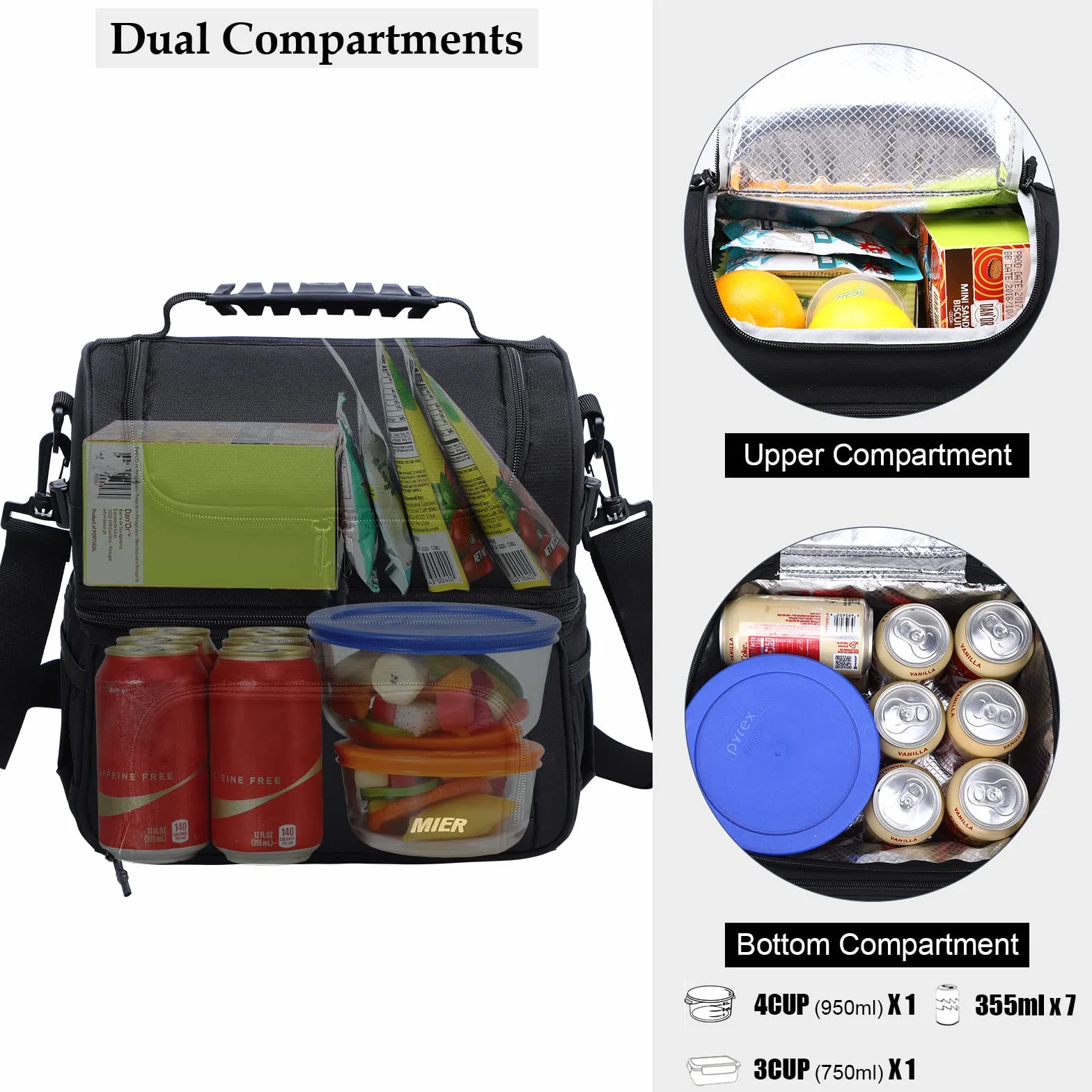 MIER Bolsa de almuerzo con doble compartimento para hombres y mujeres, bolsa térmica aislada a prueba de fugas, color negro