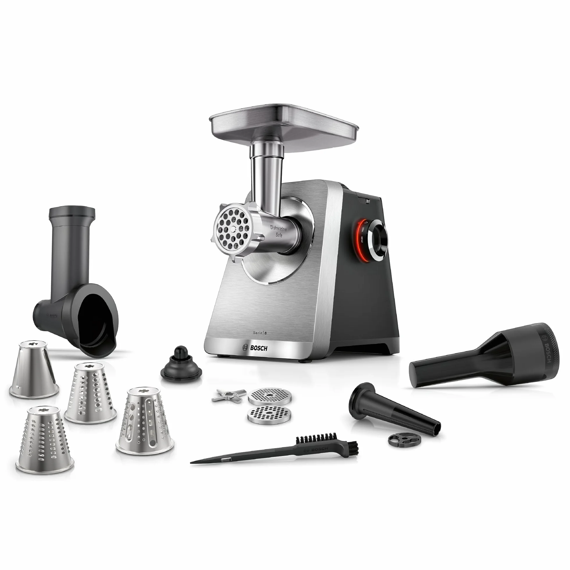 Bosch - MultiPower Serie 8, Picadora de carne, potencia de bloqueo del motor de 2.500 W, picadora, trituradora, herramienta para salchichas y kebbe, negro, MFWS840M