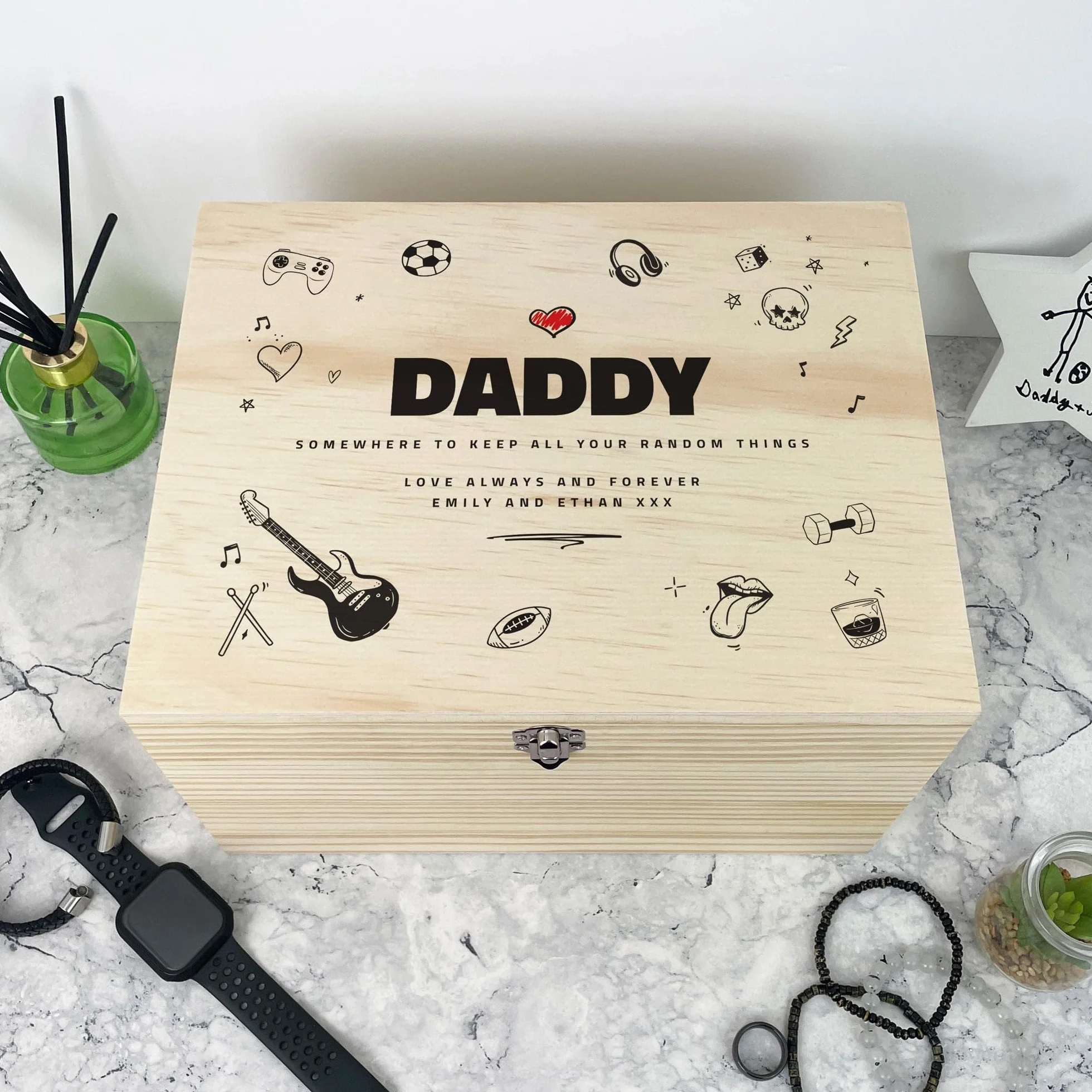 Caja de recuerdos personalizada de madera de pino con diseño de garabatos del día del padre, regalo del día del padre, caja de recuerdo de madera personalizada, añade tu propio texto, bisagras y