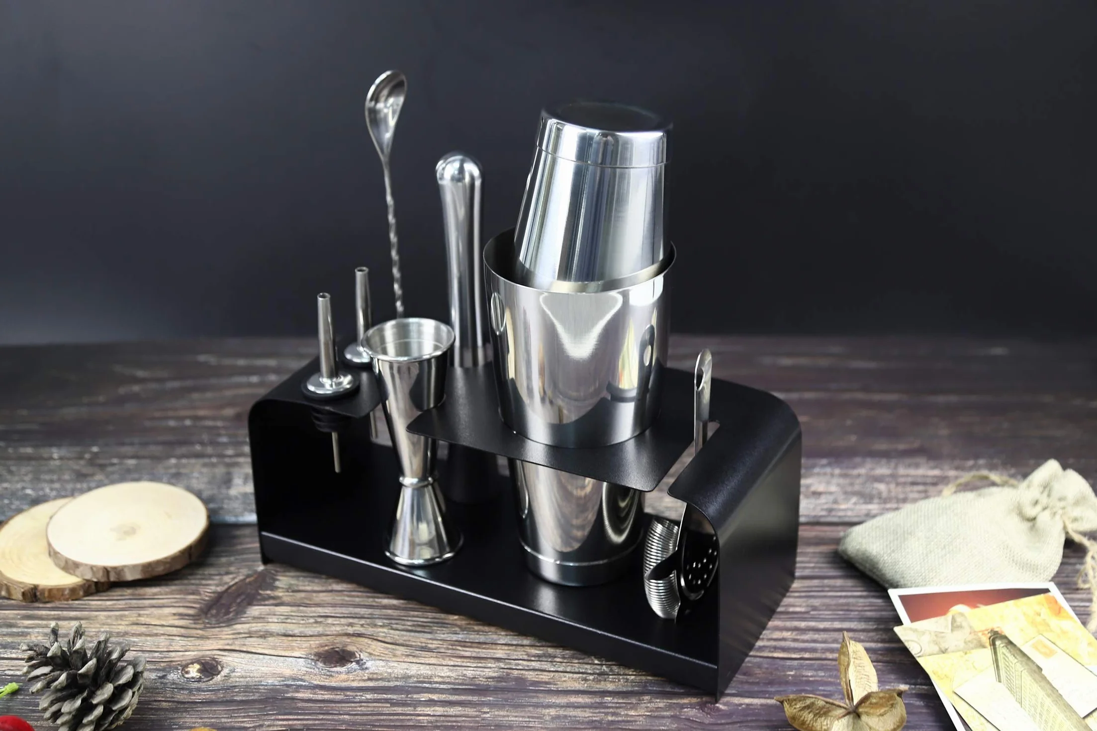SKY FISH Juego de Coctelera, Utensilios para Cócteles de 8 Piezas con Soporte de Acero Inoxidable, Kit de Barman Hogar y Juego para Hacer Cócteles