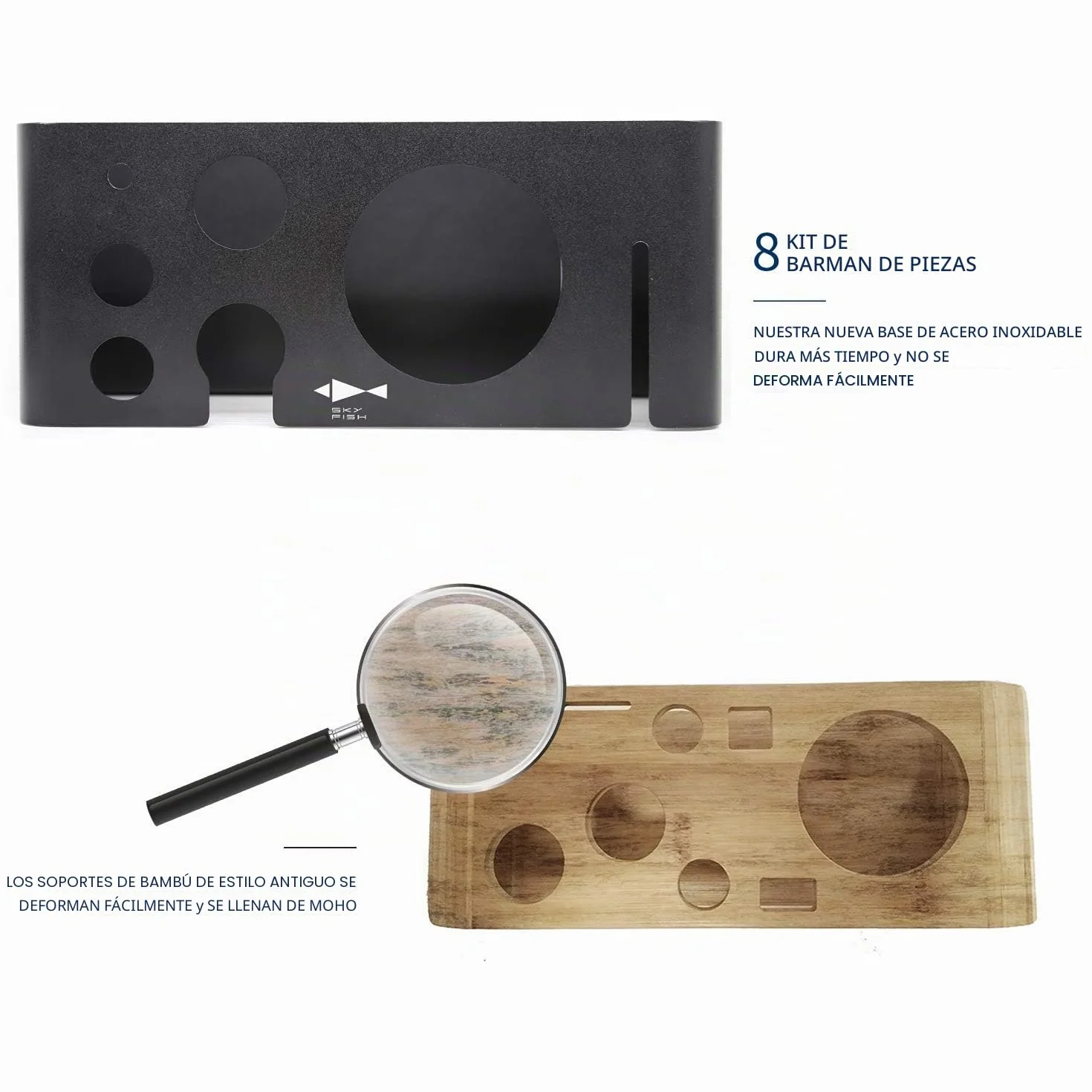SKY FISH Juego de Coctelera, Utensilios para Cócteles de 8 Piezas con Soporte de Acero Inoxidable, Kit de Barman Hogar y Juego para Hacer Cócteles