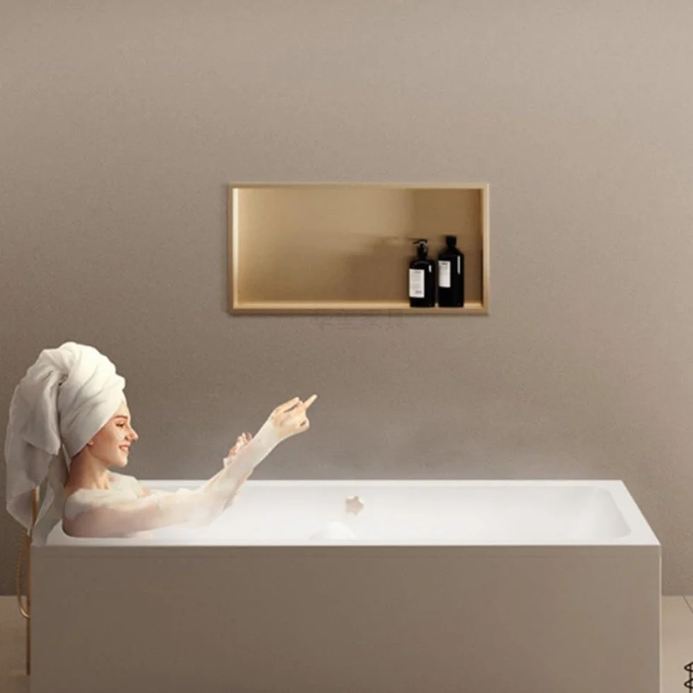 Nicho de Ducha de Pared de Acero Inoxidable con luz LED incorporada, Estante de Almacenamiento Individual, Hueco para Mejorar el hogar, Dorado (92 x 32 x 12,5 cm)