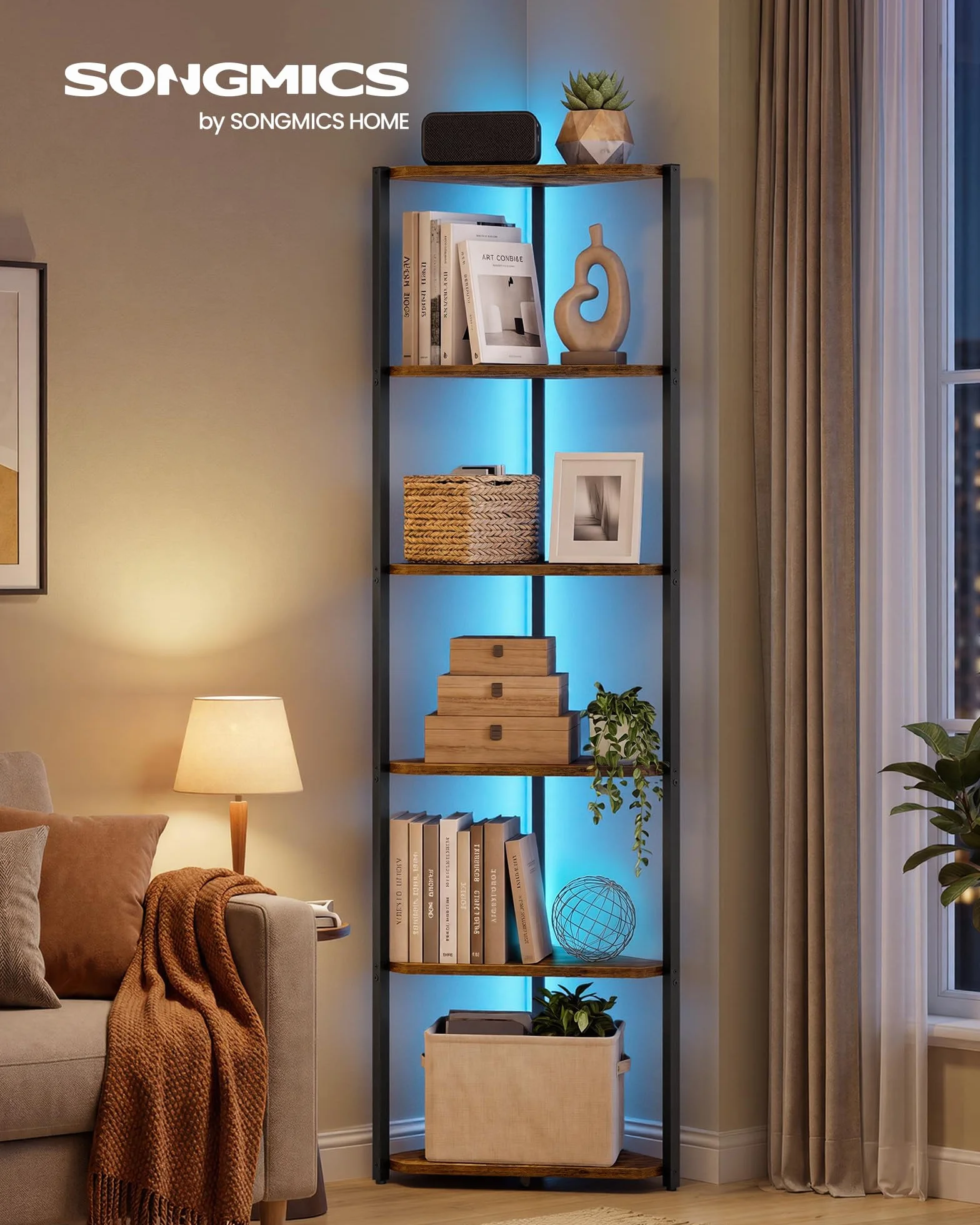 VASAGLE Estanteria Esquinera de 6 Niveles, Librería con Iluminación LED Ajustable, Estantería con Marco de Acero, 24,8 x 48 x 182,1 cm, para Salón, Dormitorio, Estudio, Marrón Rústico LBC591KD01