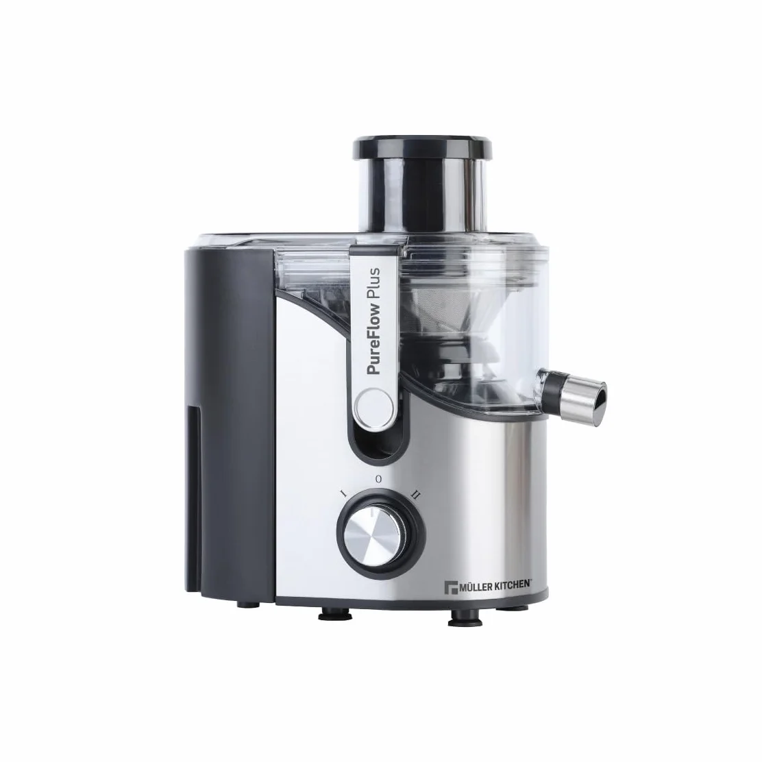 Muller Kitchen MK-6073 Licuadora para verduras y frutas (INOX, Tubo de alimentación extra grande, 2 velocidades, pies de goma antideslizantes)
