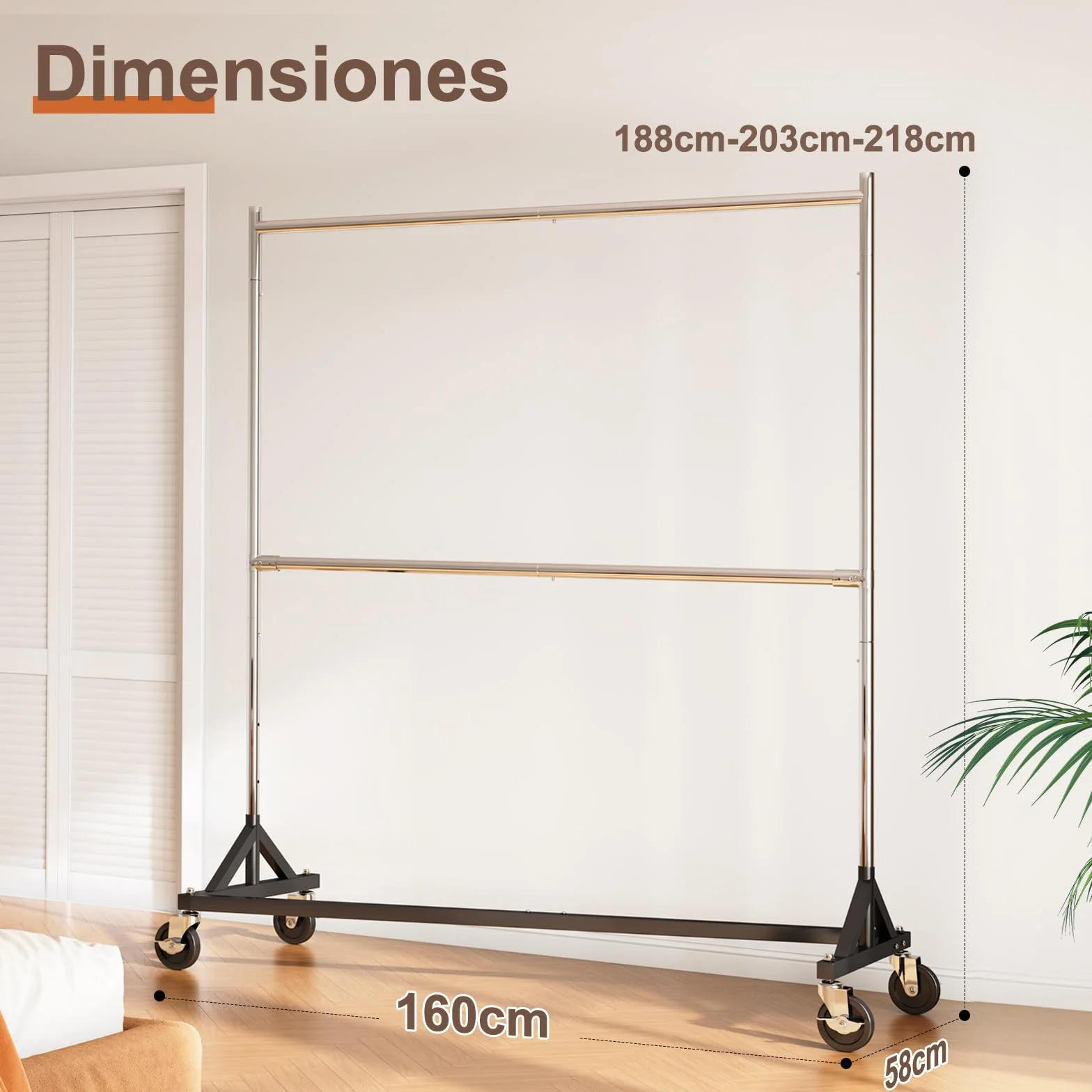 HOKEEPER Burro de Ropa Comercial Resistente de Doble Barra, Base en Z con Ruedas, 250kg, Altura Ajustable para Tiendas, Boutiques, Dormitorio, Plateado