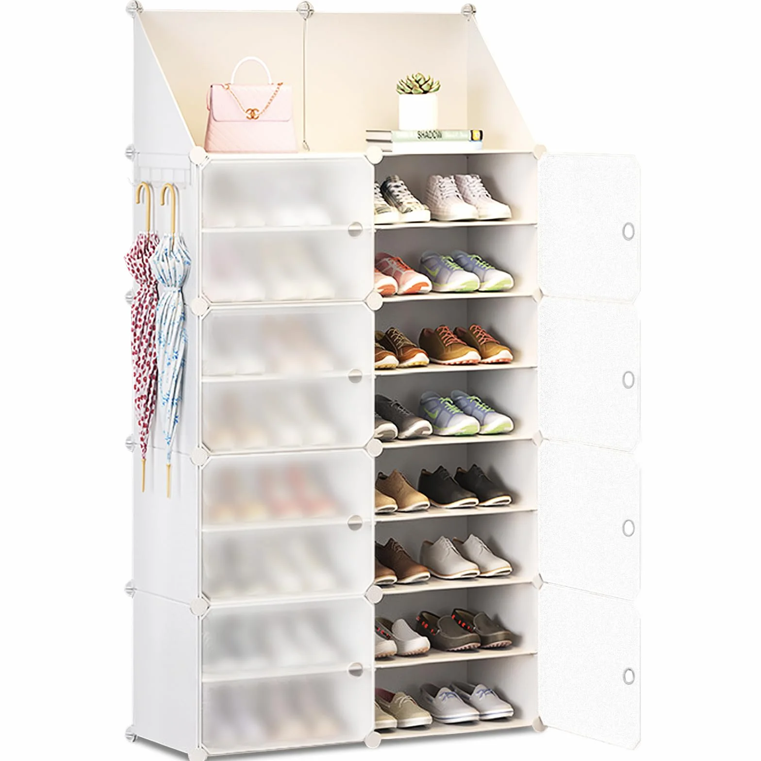HOMCENT Zapatero con Puertas, Mueble Zapatos, Zapatero Extensible, estantería Modular de plástico para Dormitorio Sala de Estar(2 x 8 Niveles,Blanco)