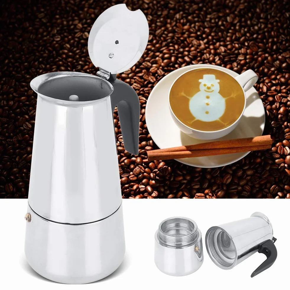 Ymiko Estufa de café eléctrica de acero inoxidable de 450 ml, juego de calentador para hacer tazas de café expreso, enchufe de la UE 220-240 V | Filtro uniforme para extracción rica y sabor óptimo, sello de silicona antifugas, compatible con gas y eléctri