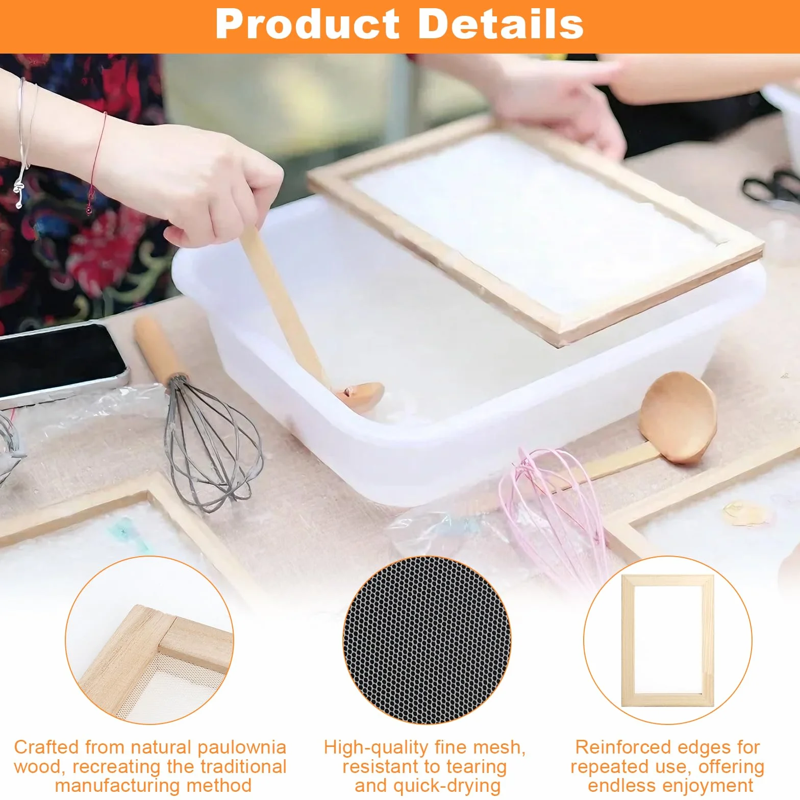 Set de 3 marcos para fabricación de papel en madera con bastidor y tamiz herramienta DIY reciclado