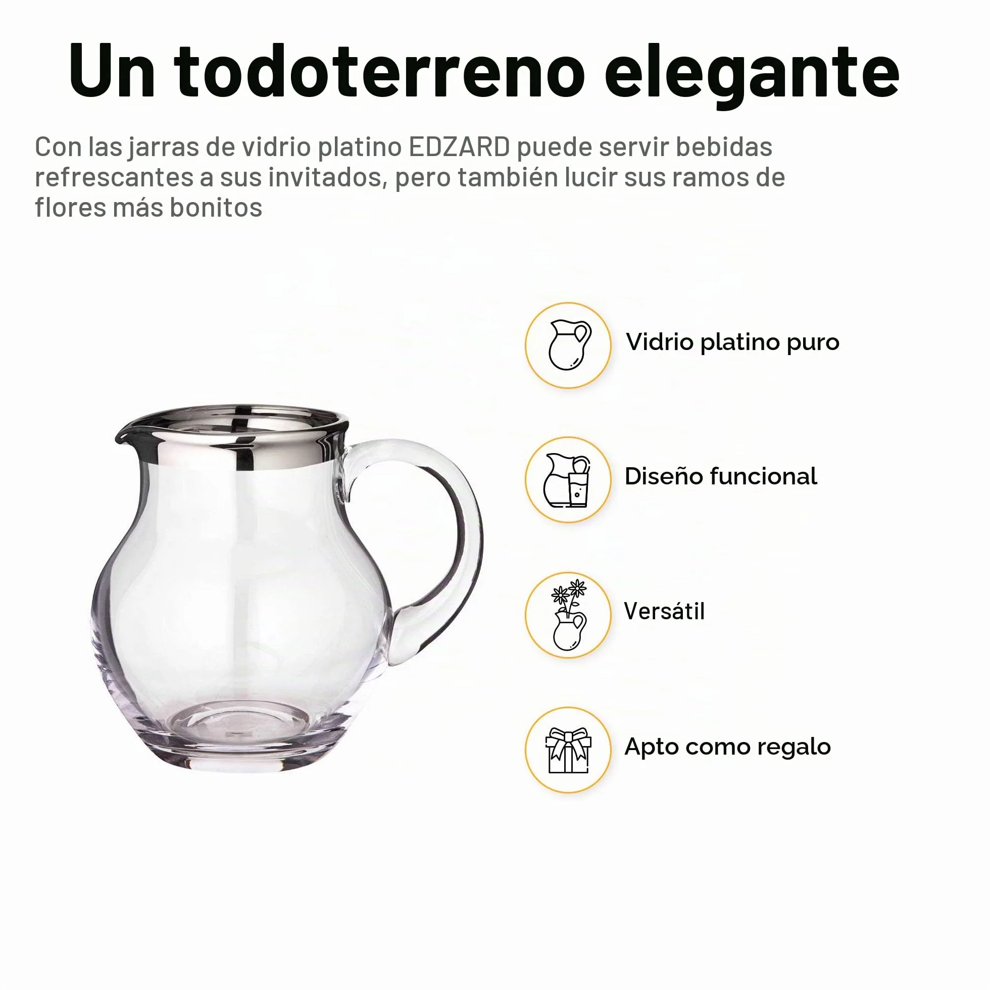 EDZARD Jarra Olivia, vidrio soplado con borde de platino, altura 16 cm, capacidad 1 litro, cántaro, jug, taza, pitcher, jarron, para agua, zumo, té helado