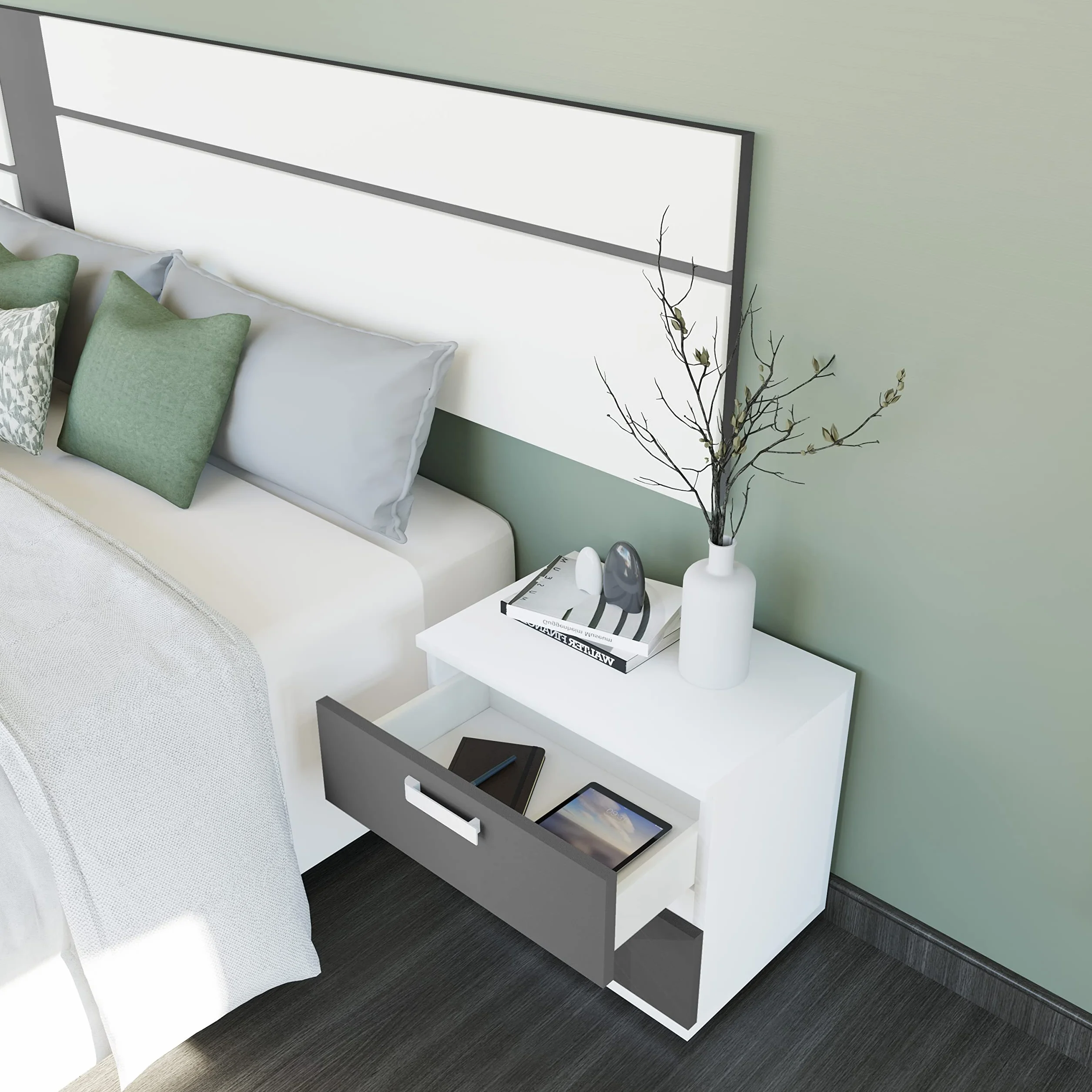duehome | Pack Cabecero con Leds y 2 Mesitas de Noche, Dormitorio Doble, Dormitorio Completo, Modelo Ataneq Air, Acabado en Blanco y Grafito