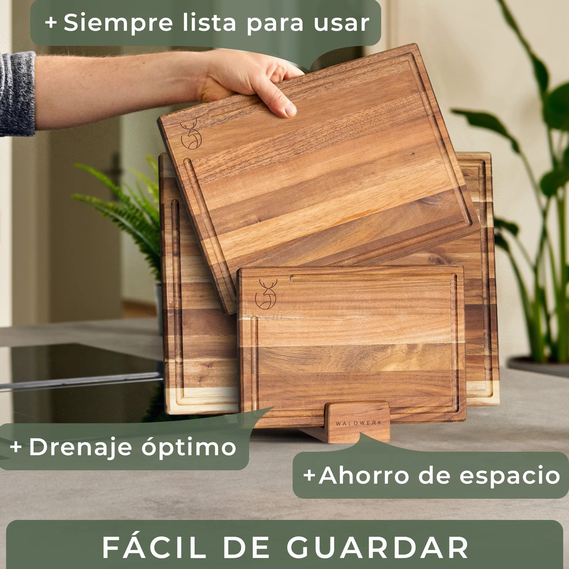 WALDWERK Tablas de Cocina Madera Maciza Acacia Juego 3 Tablas Cortar con Soporte 40x30 cm