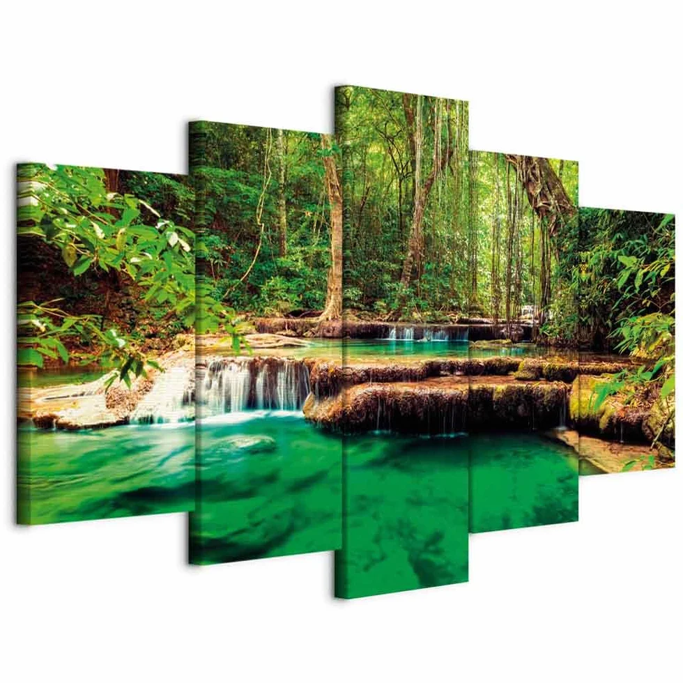 Cuadros B&D XXL - Cuadro en Lienzo Cascada 200x100 cm 5 piezas - Impresión en material tejido no tejido cuadros decoracion salon modernos lienzos - Naturaleza Paisaje c-B-0036-b-n
