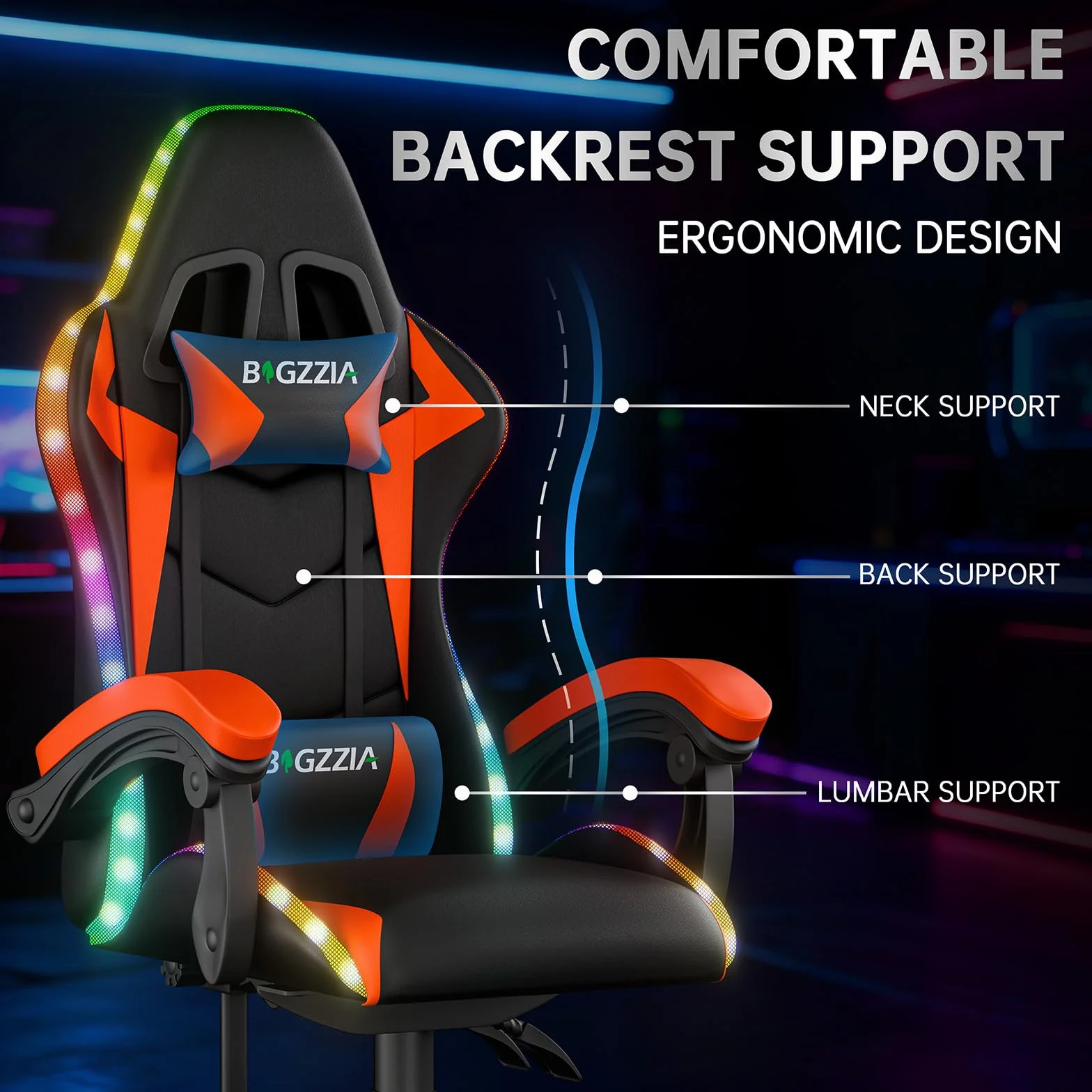 Silla para videojuegos con iluminación LED, silla ergonómica con luz RGB, reposacabezas ajustable y soporte lumbar, piel sintética, silla de oficina, altura e inclinación ajustable (negro y rojo)
