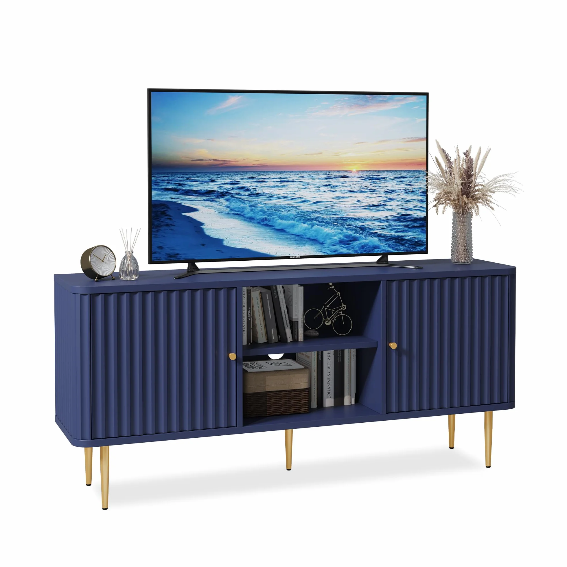 Mueble para televisor-armario de televisión de madera mesa para TV con 2 puertas mueble bajo para televisor estante para TV para sala de estar, comedor, dormitorio, estilo moderno (Azul)