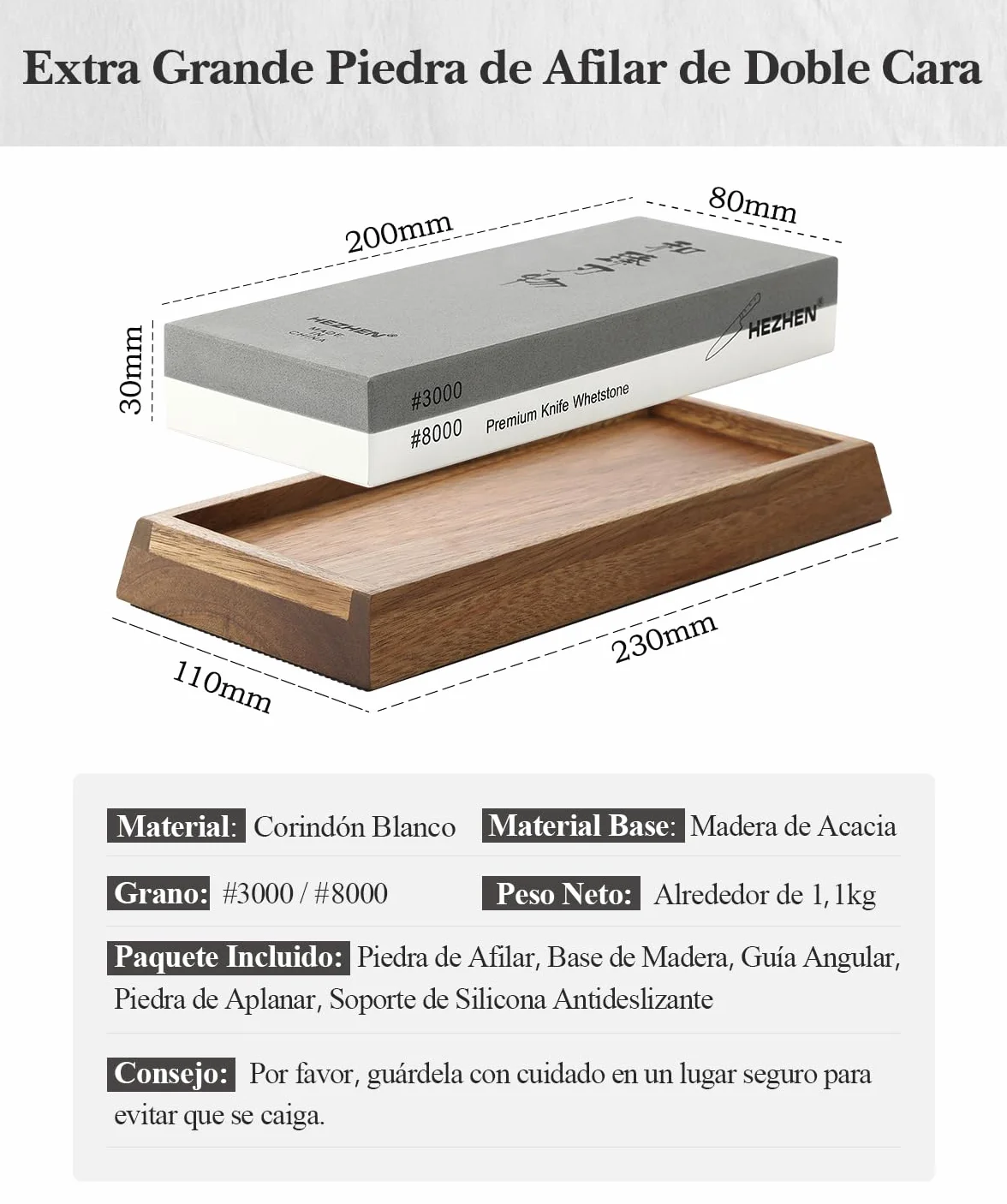 HEZHEN Piedra de Afilar Grande de Corindón Blanco, Grano 3000/8000 Doble Cara Afilador de Cuchillos Profesional, con Base Antideslizante de Madera, Guía de Ángulo y Piedra de Aplanamiento