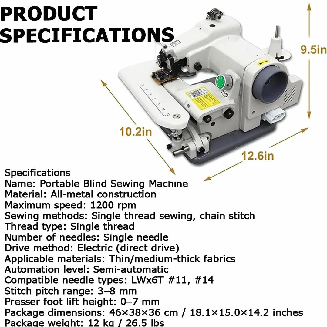 Máquina de coser de punto ciego, máquina de dobladillo portátil, 1200 SPM, relación de puntada ajustable 1:1 a 2:1, ideal para costuras invisibles y acabado profesional