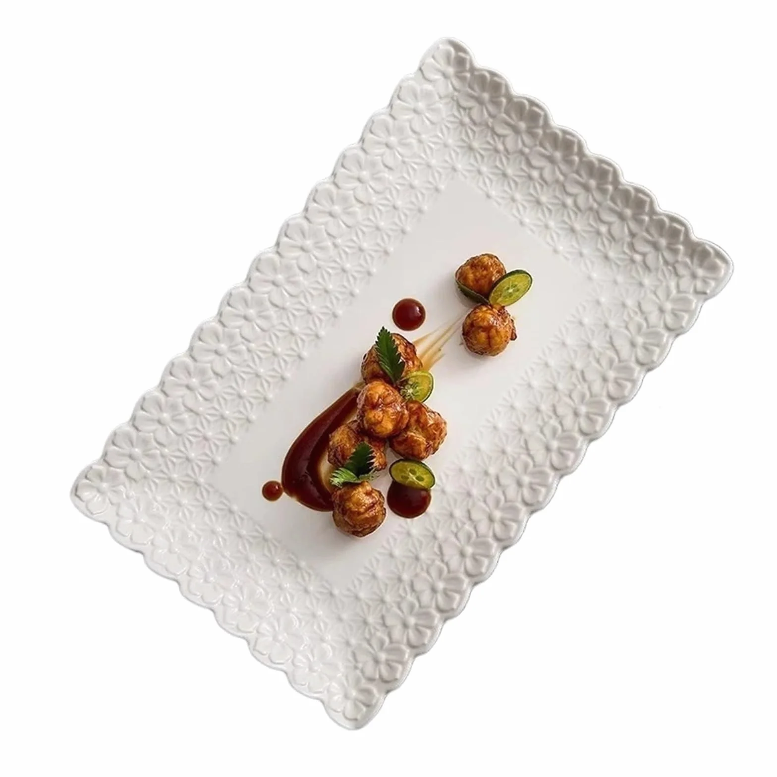 Plato rectangular for servir con flores en relieve, plato for aperitivos y postres de sushi y pescado for restaurante y vajilla especial(A 11.7inch)