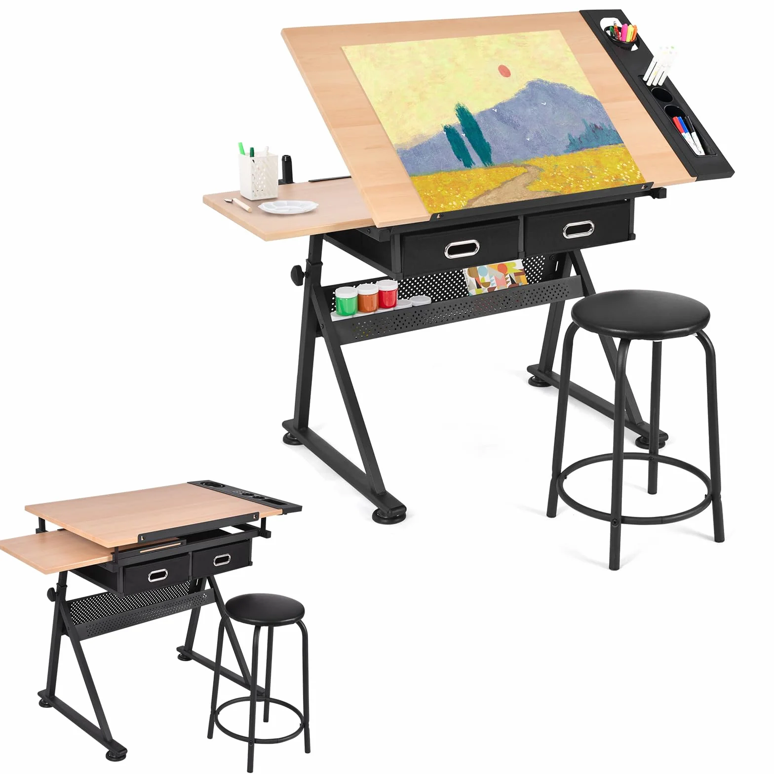 LIFEZEAL Mesa de Dibujo Regulable en Altura, 119x61,5x73,5-98 cm, Juego de Escritorio de Dibujo con Taburete para Artistas, Mesa de Arquitecto con Tablero Inclinable (Natural)