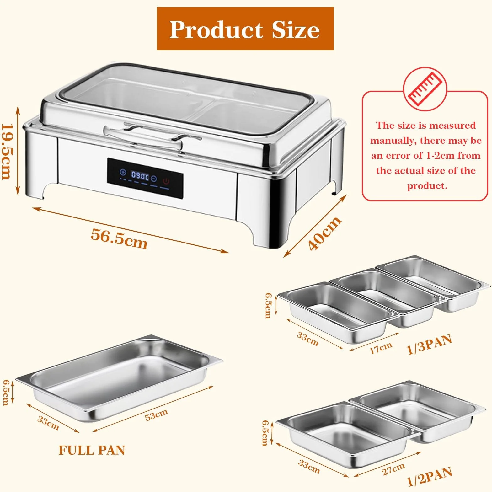 Chafing Dish Electrico, 9L Calentador de Comida Electrico para Buffet Temperatura Regulable, Chafing Dish Buffet con Tapa Transparente Acero Inoxidable(B, 1/3 Pan)