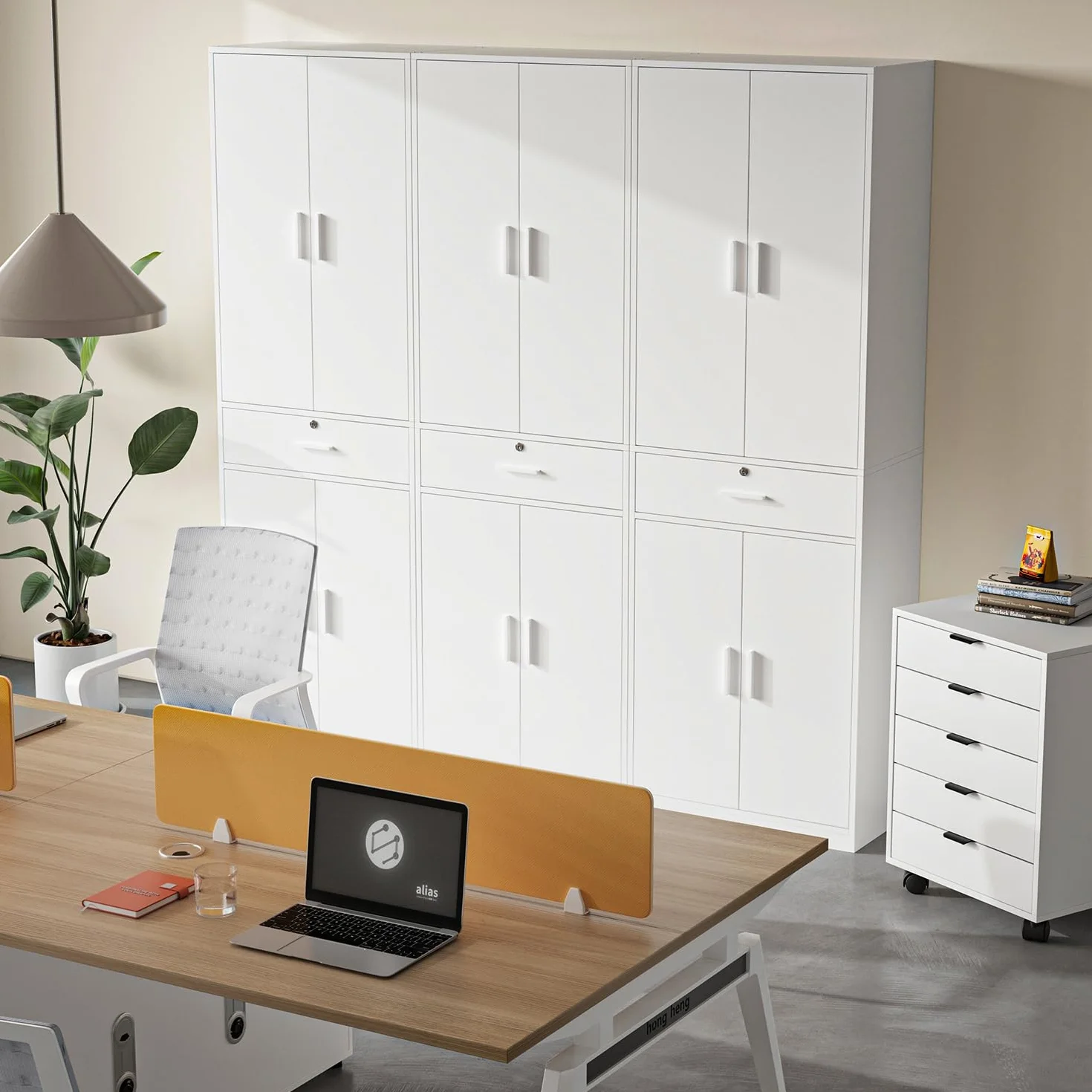 Armario de Oficina Multifuncional con llave Cajones y Cerradura, Blanco | Armario de Almacenamiento Multifuncional con 5 Niveles y Baldas Ajustables, Para salón, dormitorio despacho，60 x 180 x 34 cm