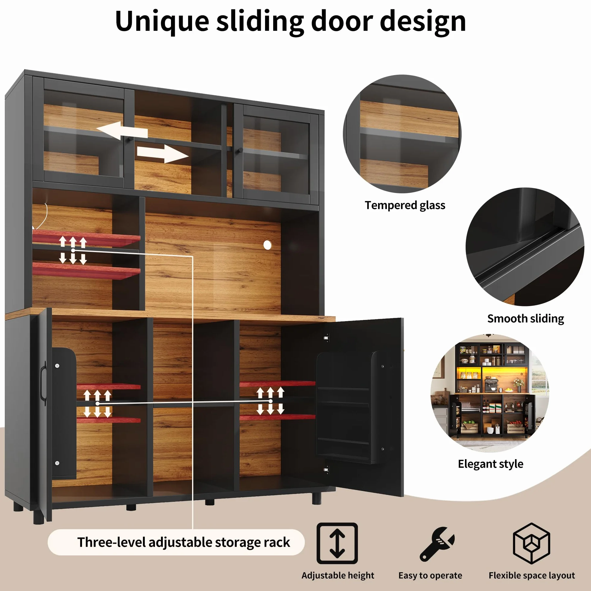 LAKFEW Alacena de Cocina Armario Cocina con Iluminación LED y Puerta Corredera de Cristal, Aparadores Mueble Auxiliar Cocina con Estante Ajustable y Puerta de Almacenaje, 140x40x185 cm, Negro