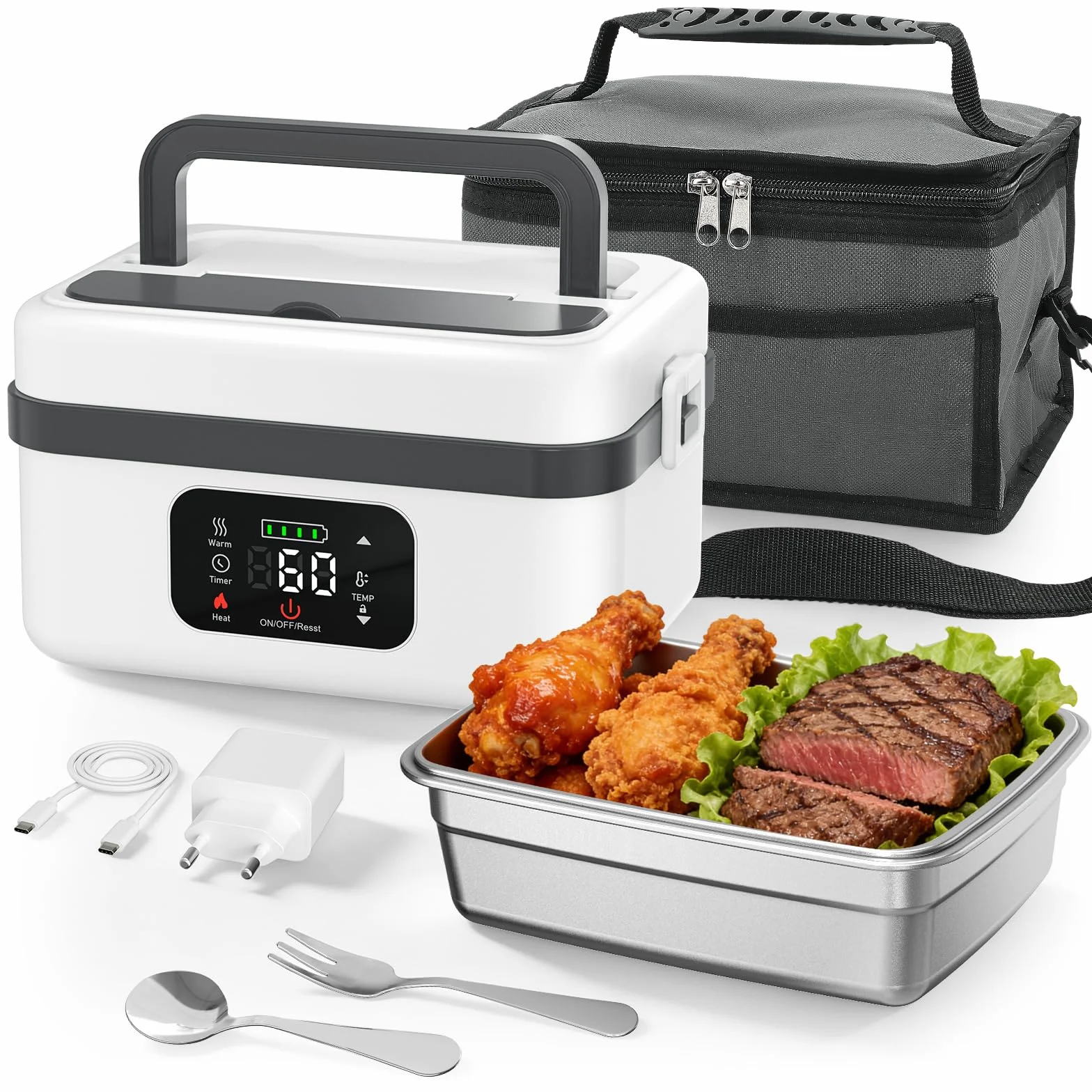 Fiambrera Electrica,Calentador de Comida Portatil 1L para Comida con Pantalla Táctil,Taper Termico Comida Caliente con Vajilla de Acero Inoxidable y Bolsa Aislante para Coche caja calefactora
