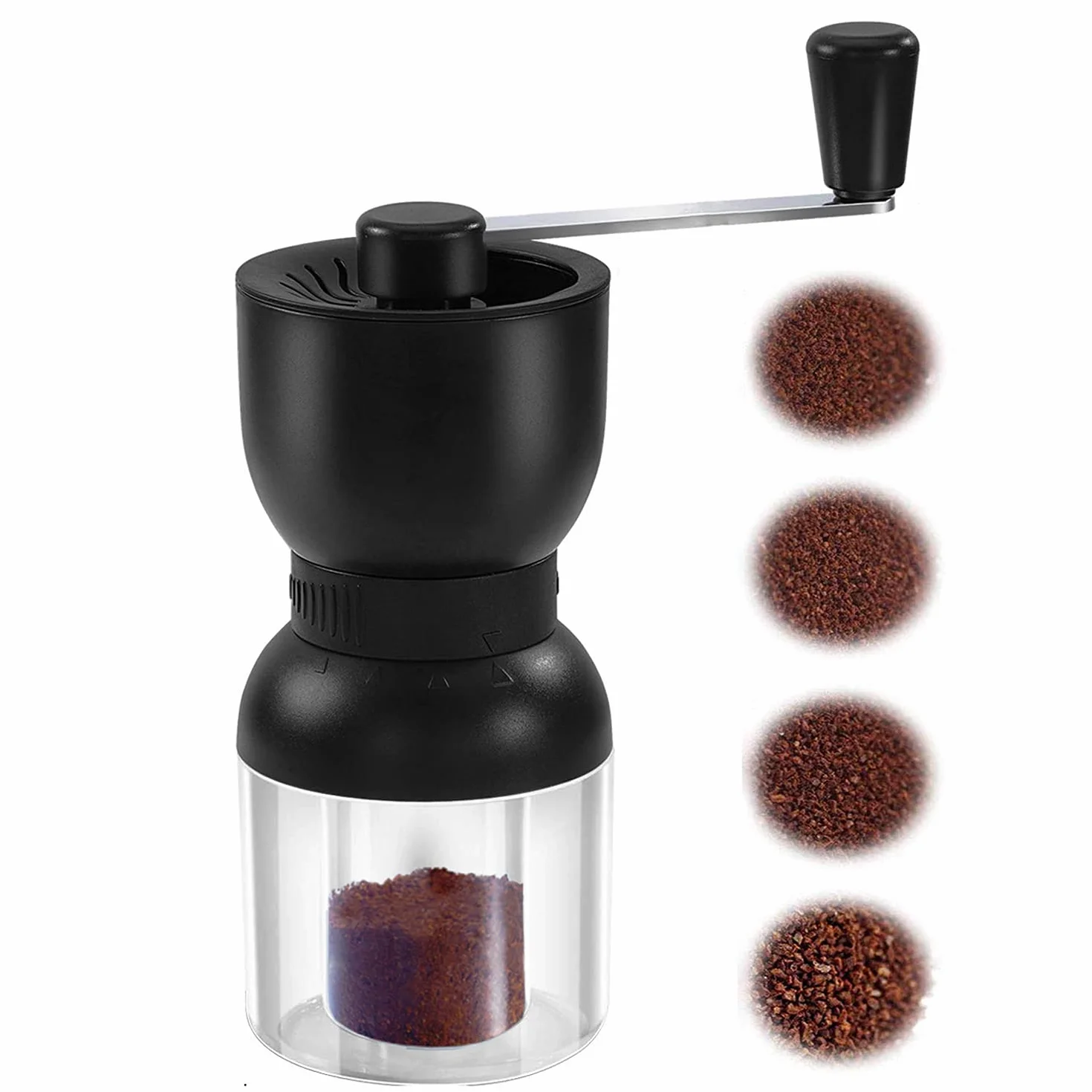 LHS Molinillo de café manual con rebabas de cerámica, molinillo de grano de café de mano con 2 recipientes de grosor ajustable para el hogar, la oficina y los viajes