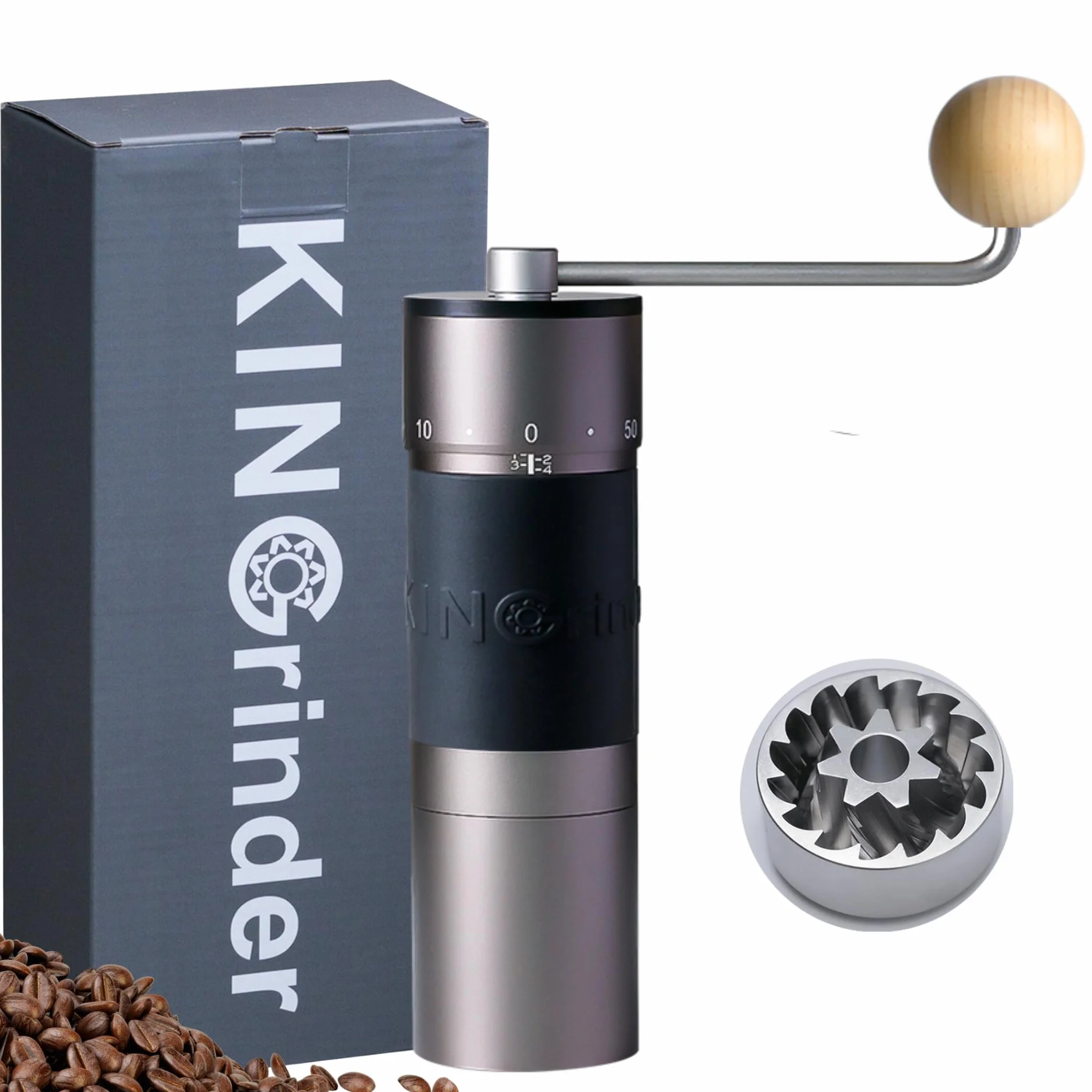 【Gris hierro】KINGrinder K6 molinillo manual con mango recto para French Press, filtro y espresso, muelas cónicas de acero inoxidable con consistencia de ensamblaje, capacidad de 25–30g