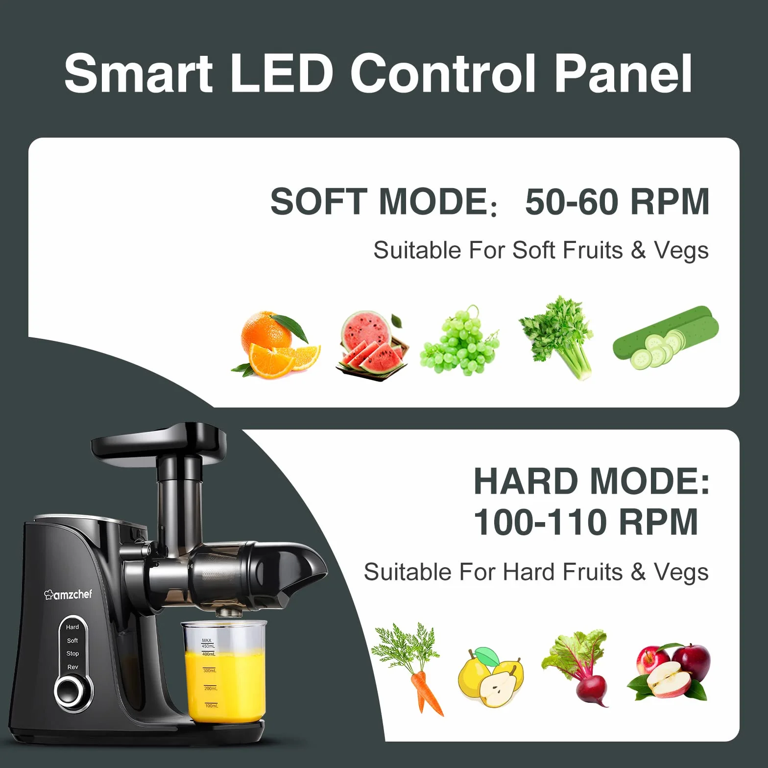 AMZCHEF Licuadora para Verduras y Frutas con 2 Modos de Velocidad - Licuadora Prensado en Frio con Función Inversa - Extractor de Zumos y Verduras con Botella Portátil y 2 Tazas - Negro Juicer