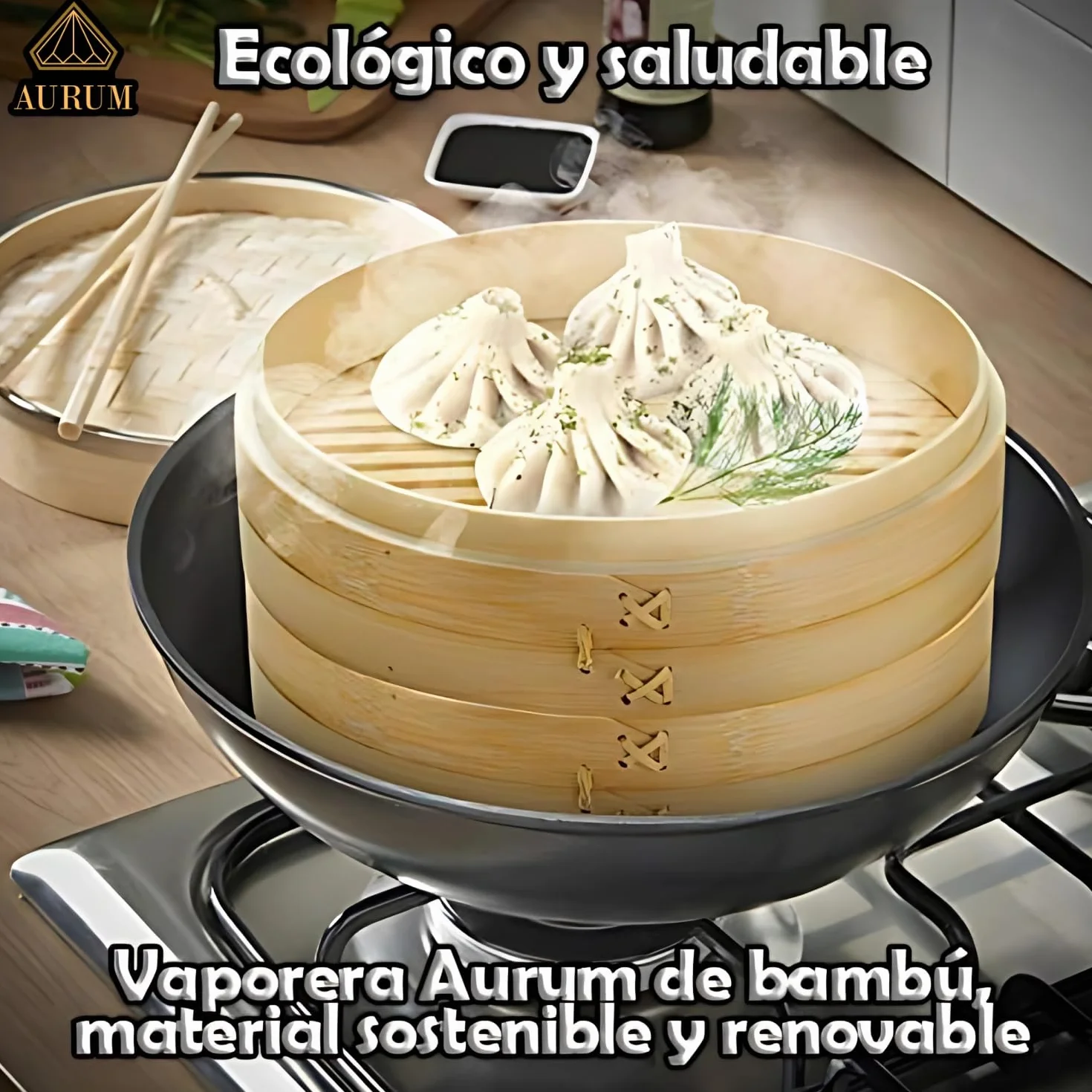 Aurum Vaporera de Bambú 2 Niveles 20 cm 25 cm Incluye Accesorios Cocinar Vapor