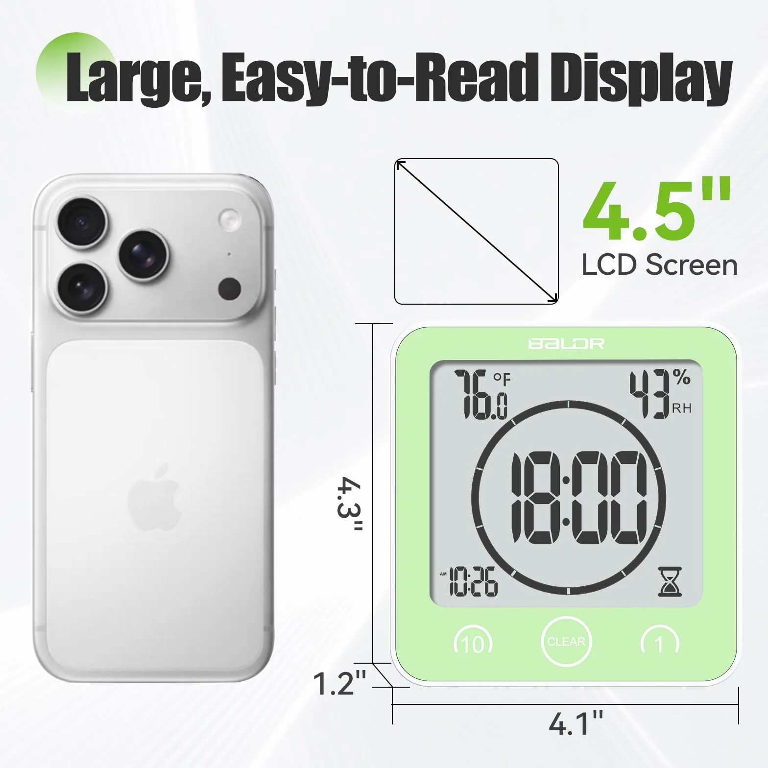 BALDR Reloj de Ducha LCD Impermeable 4.16 x 1.63 x 4.32 Pulgadas Verde
