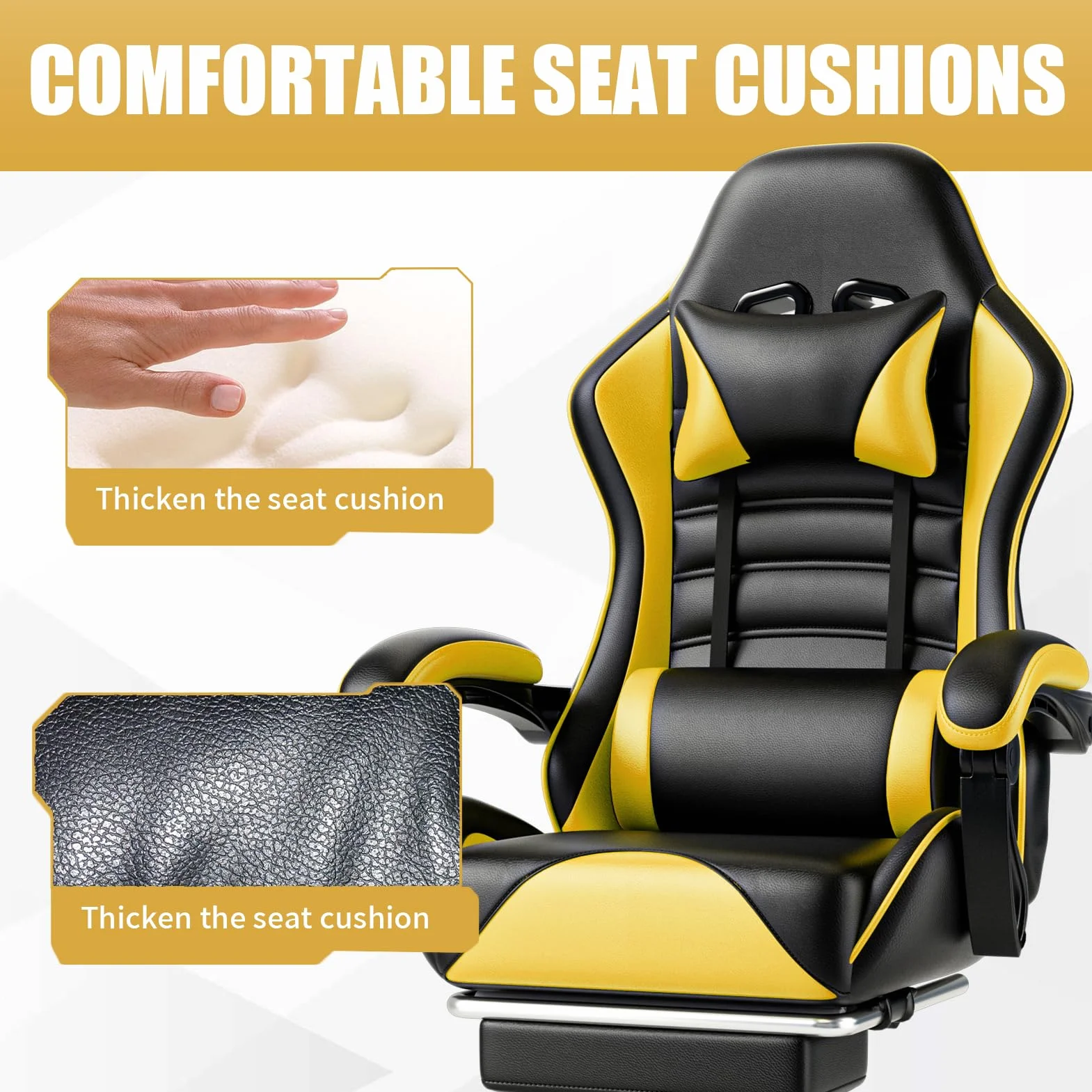 Silla de Juego con reposapiés,Silla y Mesa de Juego Ajustable en Altura,Silla de Juego para Adultos con Soporte Lumbar,Silla de Ordenador de Cuero sintético (Amarillo)