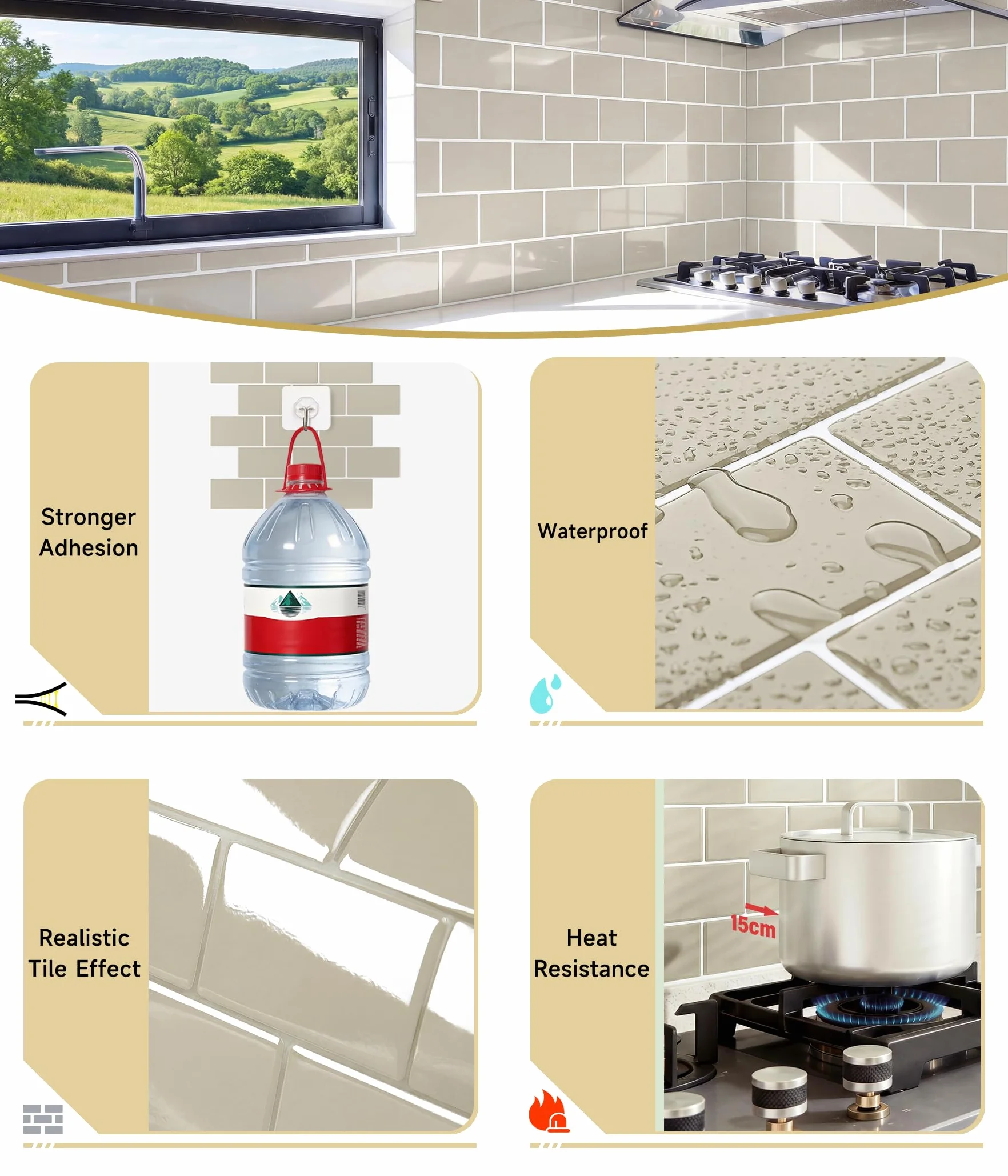 Yoillione Grueso Azulejos Adhesivos Cocina: 10-Piezas Baldosa Vinilo Cocina Pared - 3D Azulejo Metro Adhesivo, 30x30 cm (Beige)