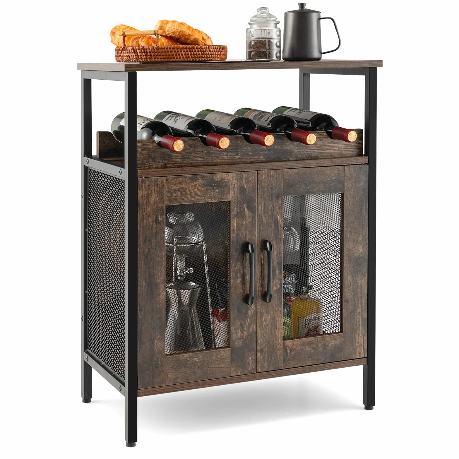 COSTWAY Armario Bar de Vinos, Armario para Licores en Casa con Estante Extraíble para Vinos y Portavasos, Armario Bar de Café con Almacenaje, Aparador Industrial con Puertas para Cocina (Café)