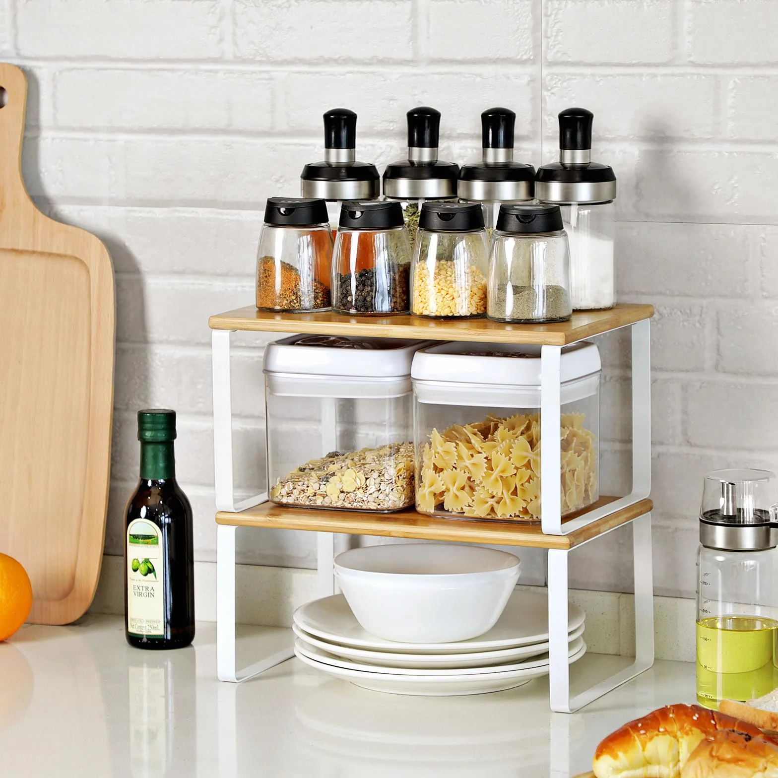 SONGMICS Organizadores de Cocina Juego de 4 Estantes Apilables Expandibles Metal y Madera Blanco Natural