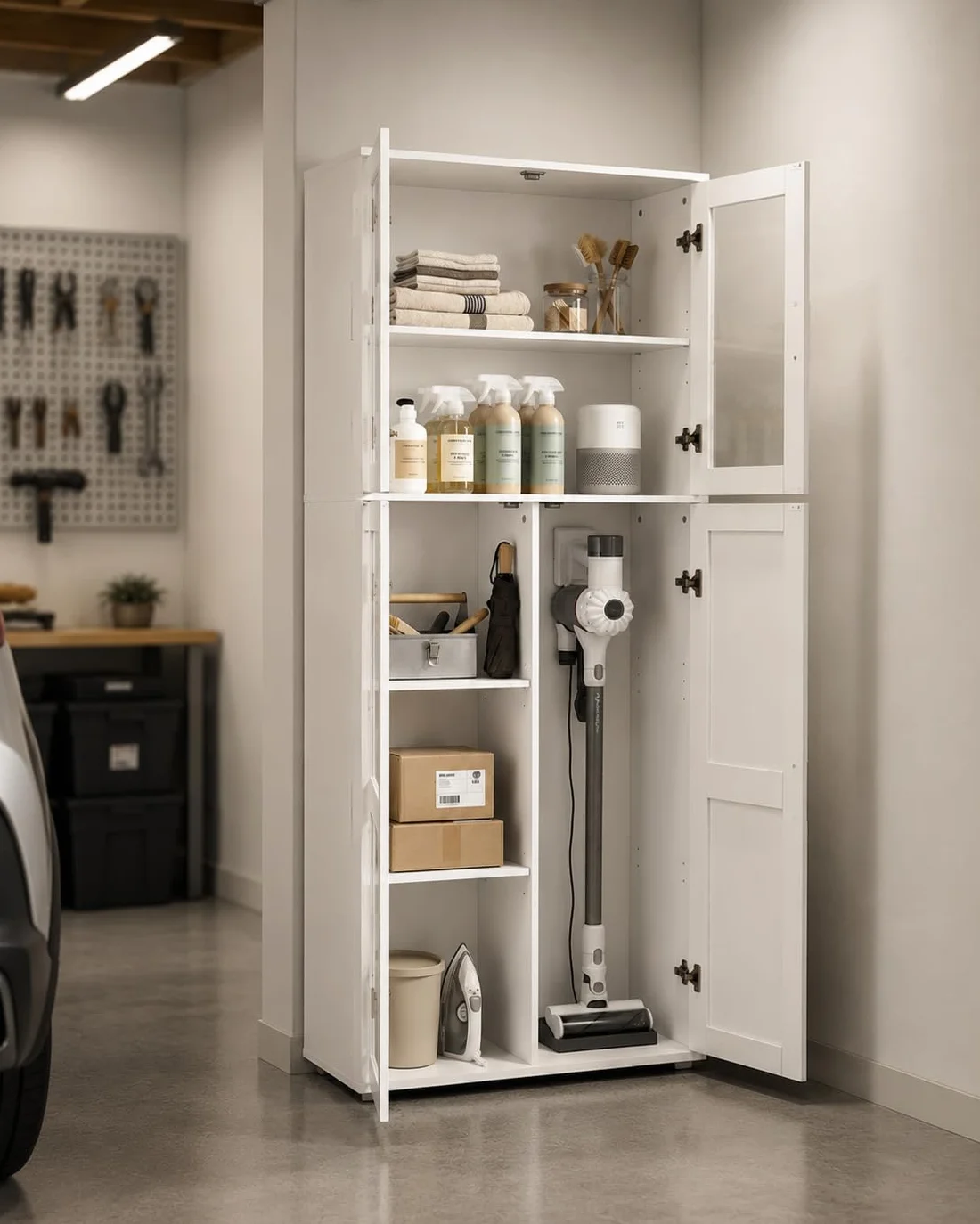 Armario Escobero y Mueble Auxiliar con Puerta de Cristal, Armario Columna de Cocina para Aspiradora, Diseño Shaker Blanco, Despensa Alta para Lavadero y Entrada, 65x30x165cm