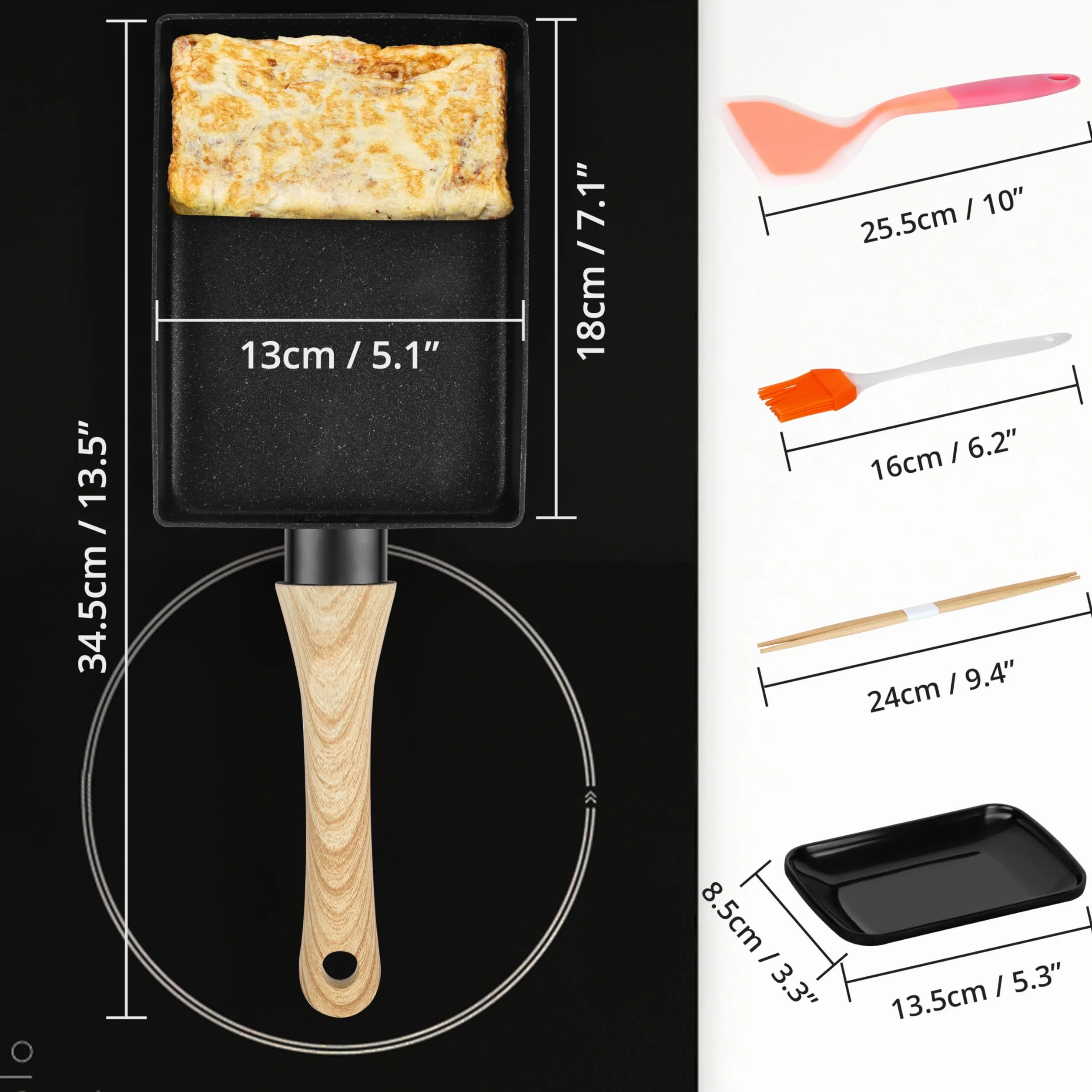 Winter Shore Juego de Sartén Tortilla Japonesa - Sarten Antiadherente Rectangular para Tamagoyaki con Mango de Madera - Incluye Plato, Cepillo para Aceite, Espátula, Palillos - Utensilios de Cocina
