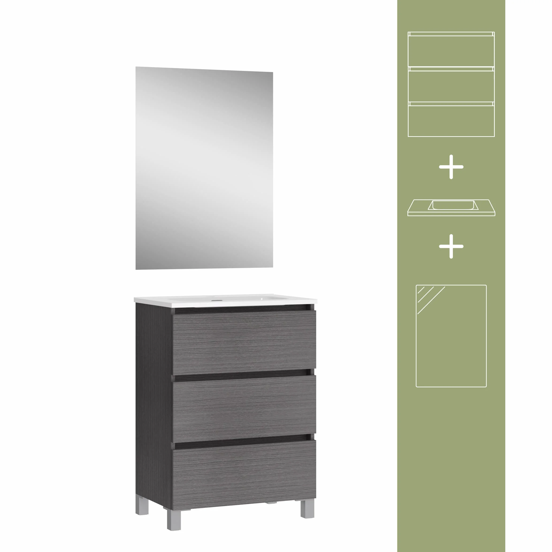 Baikal Mueble de Baño suspendido 50cm Ceniza con Lavabo y Espejo 3 Cajones