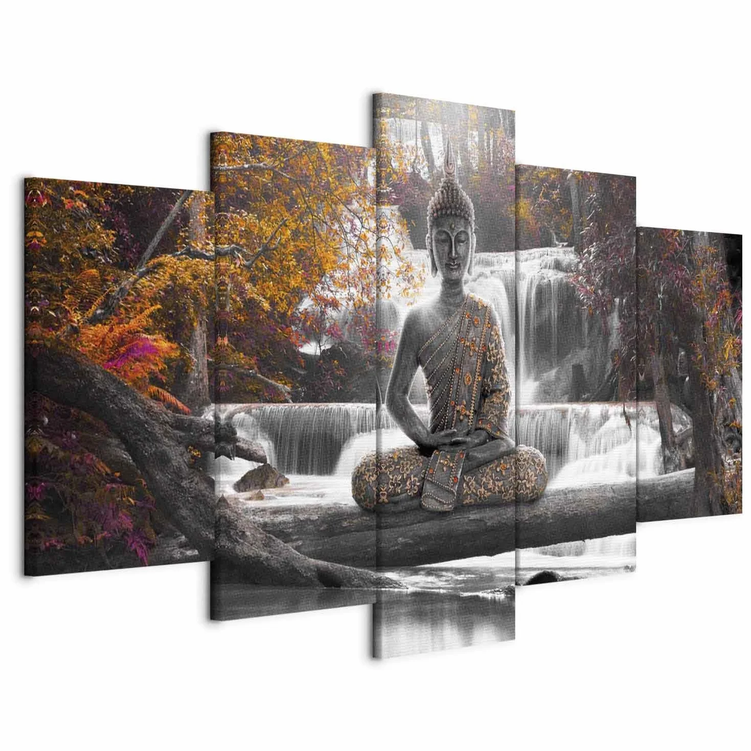 Cuadros B&D XXL - Cuadro en Lienzo Buda Buddha 200x100 cm 5 Piezas - Cuadros decorativos Decoracion Decorativo para Pared modernos dormitorios impresión artística - Oriente Zen Cascada c-A-0021-b-p
