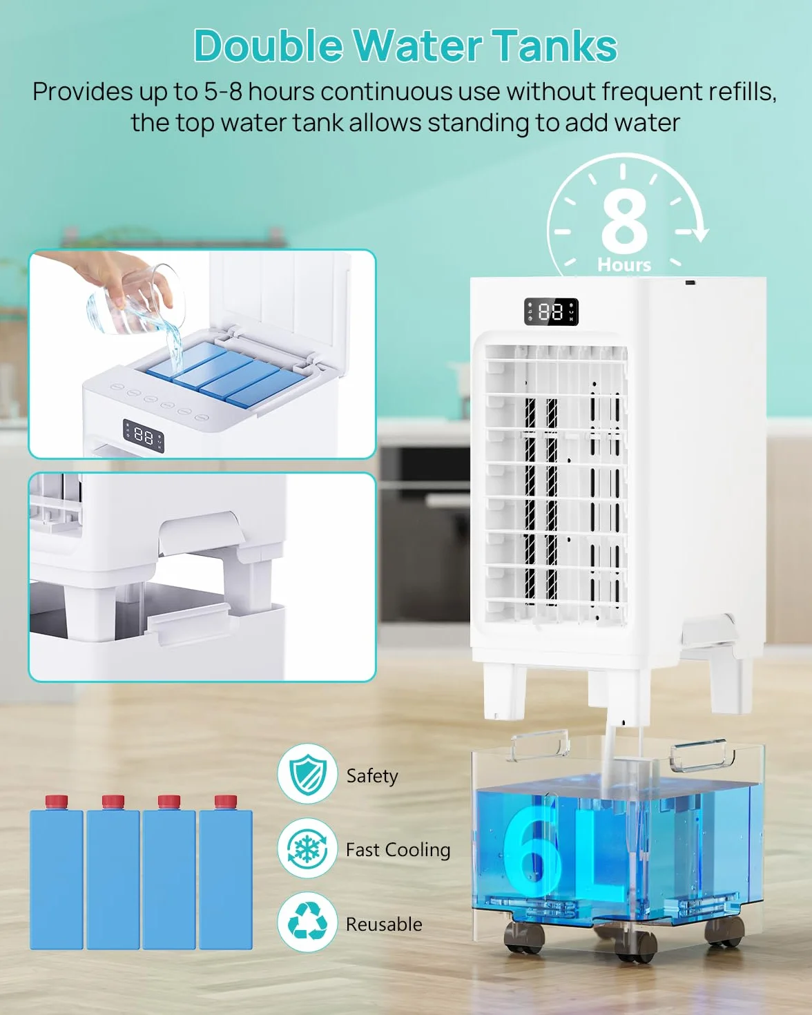 Aire Acondicionado Portatil 4 en 1, Enfriador de Aire con Tanque de 6L, 3 Modos & 3 Velocidades, Temporizador 1-12H, Oscilación,4 Packs de Hielo, Control Remoto, Portátil, Silencioso