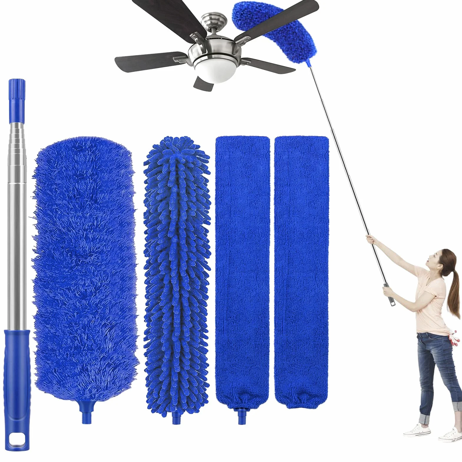 Dusters Cepillo de limpieza, limpiador retráctil de microfibra con barra de extensión, 76,2 cm a 254,4 cm, plumero plegable reutilizable, plumero para limpieza del ventilador
