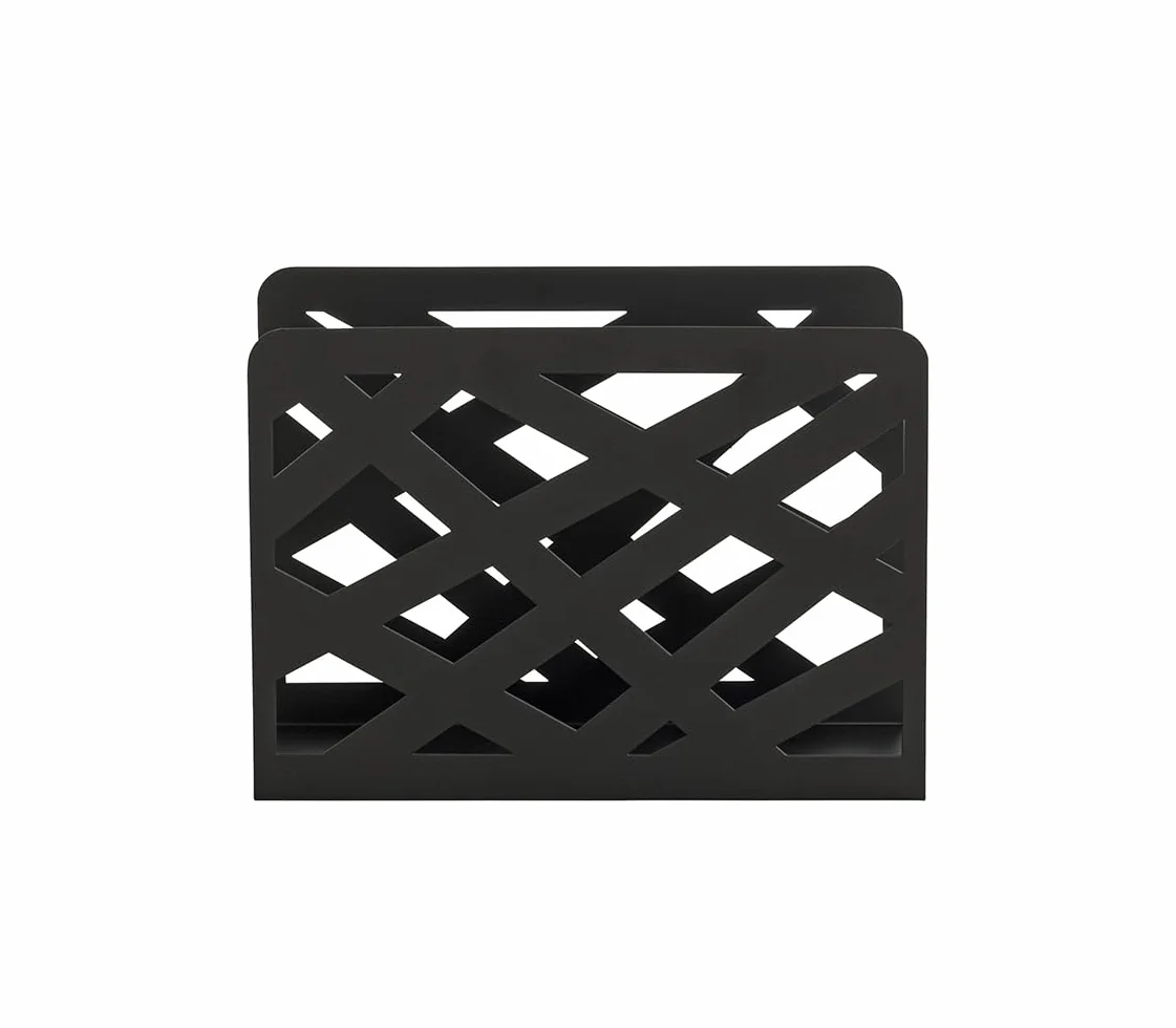 HAKU Revistero de metal negro con perforaciones trapezoidales, soporte para periódicos y cesta para revistas, An 35 x Al 26 x Pr 10 cm