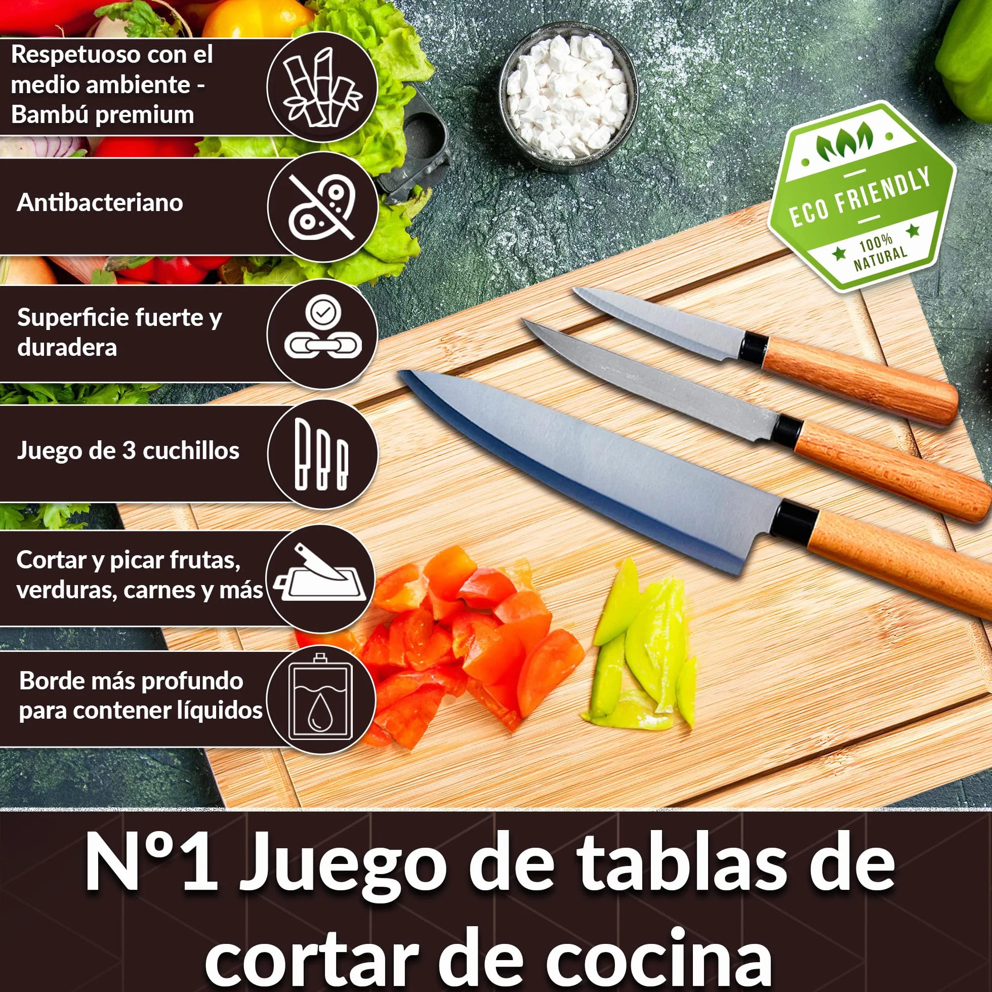 Tabla Cortar Cocina Madera Bambú 35x25x1cm Set 3 Cuchillos Profesional