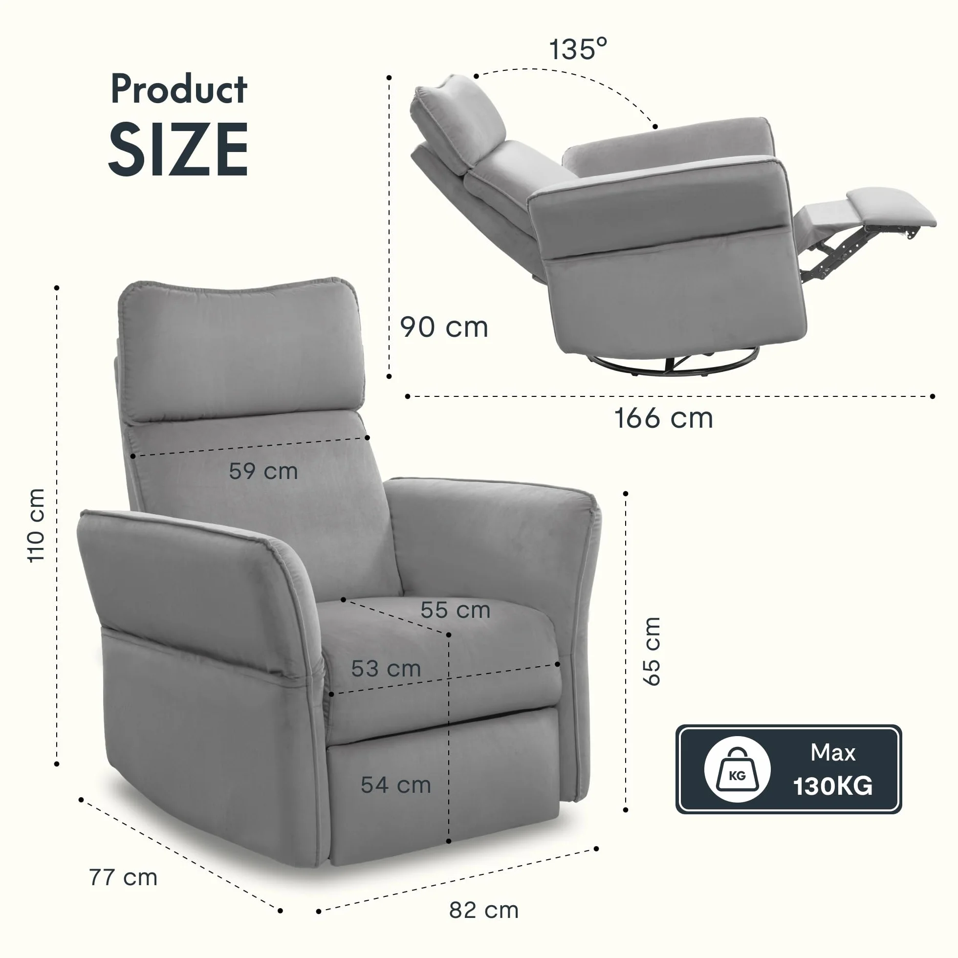 FLEXISPOT Cradle Sillón Relax, Sillon Eléctrico con Función Reclinable, Chaises Longues, Sillón Giratorio TV con Balancín, Reposacabezas 3D, Reposabrazos Ajustable, Respaldo Ajustable para Salón, Gris